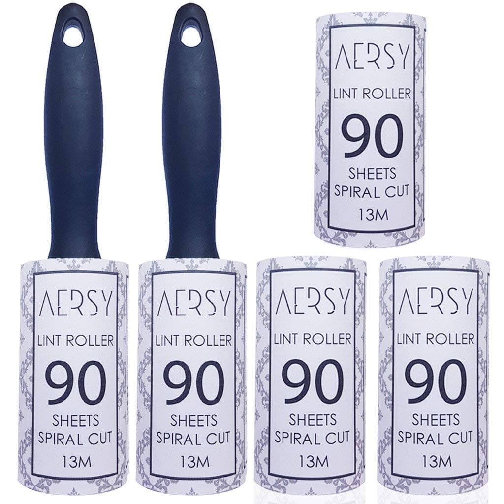 Lint Roller Set. 450 Sheets! 65 Meters! 90 Sheets Per Roll. Easy Peel, Extra Sticky. Quickly removes Pet Hair, Dirt, Dust and Fluff from Clothes, Car Seats, Upholstery and Floors.