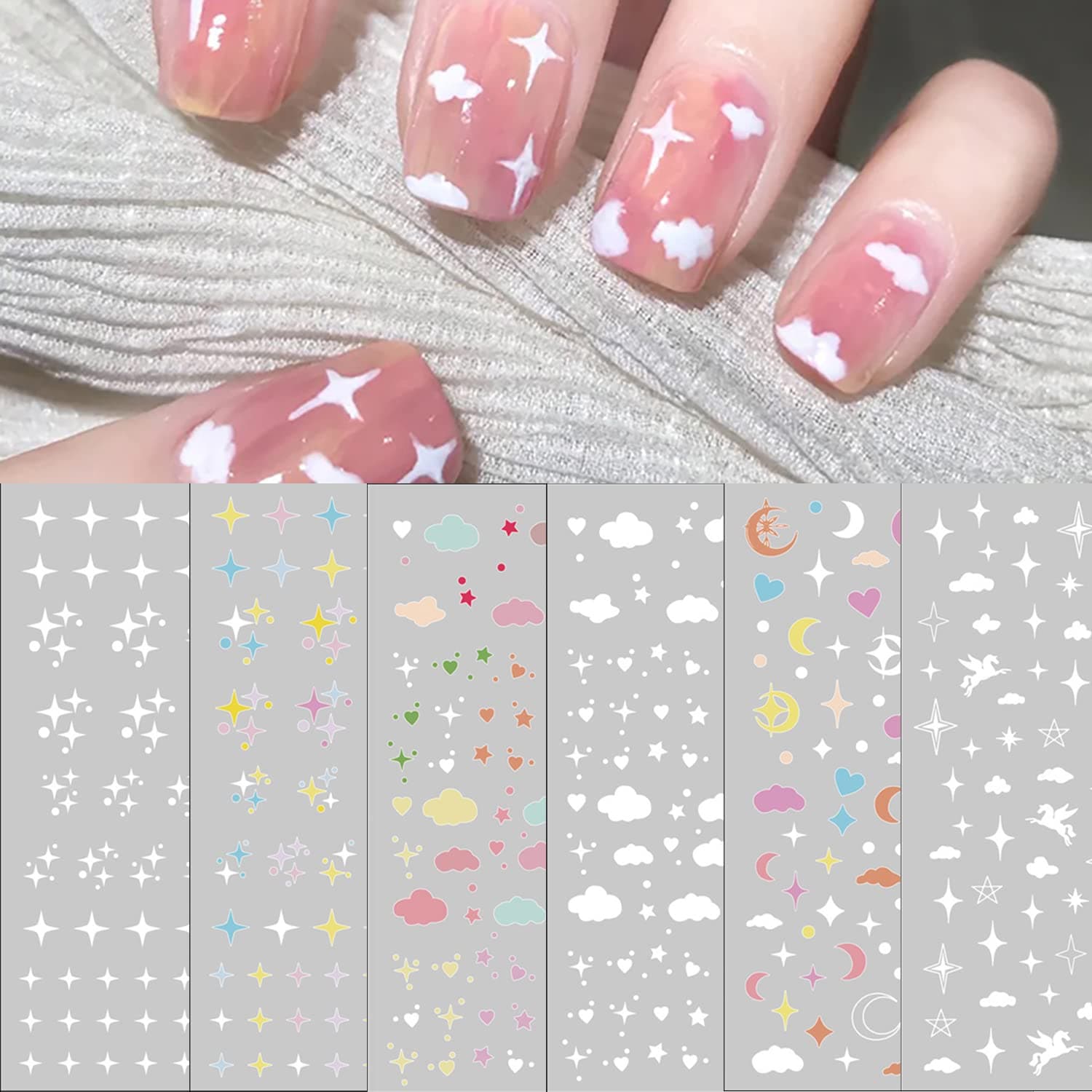 6 Sheets Starry Sky Star Cloud Moon Rainbow Heart Nail Art Stickers for Women Girls Kids-3D Self Adhesive Star and Sky Series Nail Girl Personality Decorative Nail Decals
