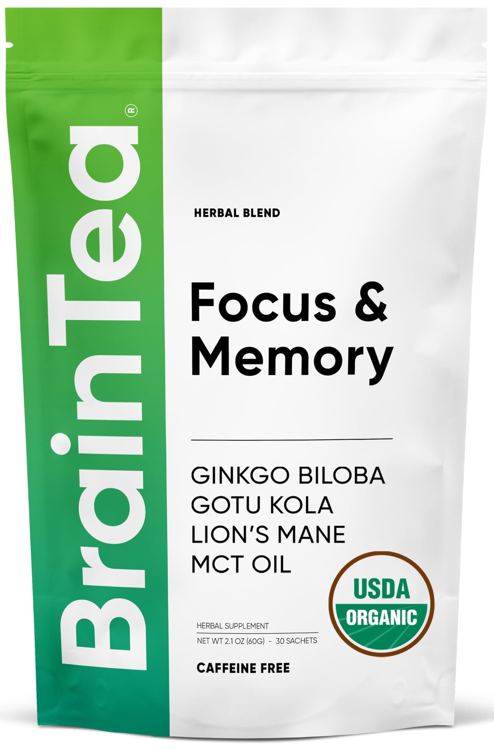 Brain Tea Focus & Memory - Brain Tea Organic Certified 4-in-1 Nootropic Herbal Supplement with Ginkgo Biloba, Gotu Kola, Lion’s Mane Mushroom, MCT Caffeine-Free for Mental Clarity (30 Sachets)