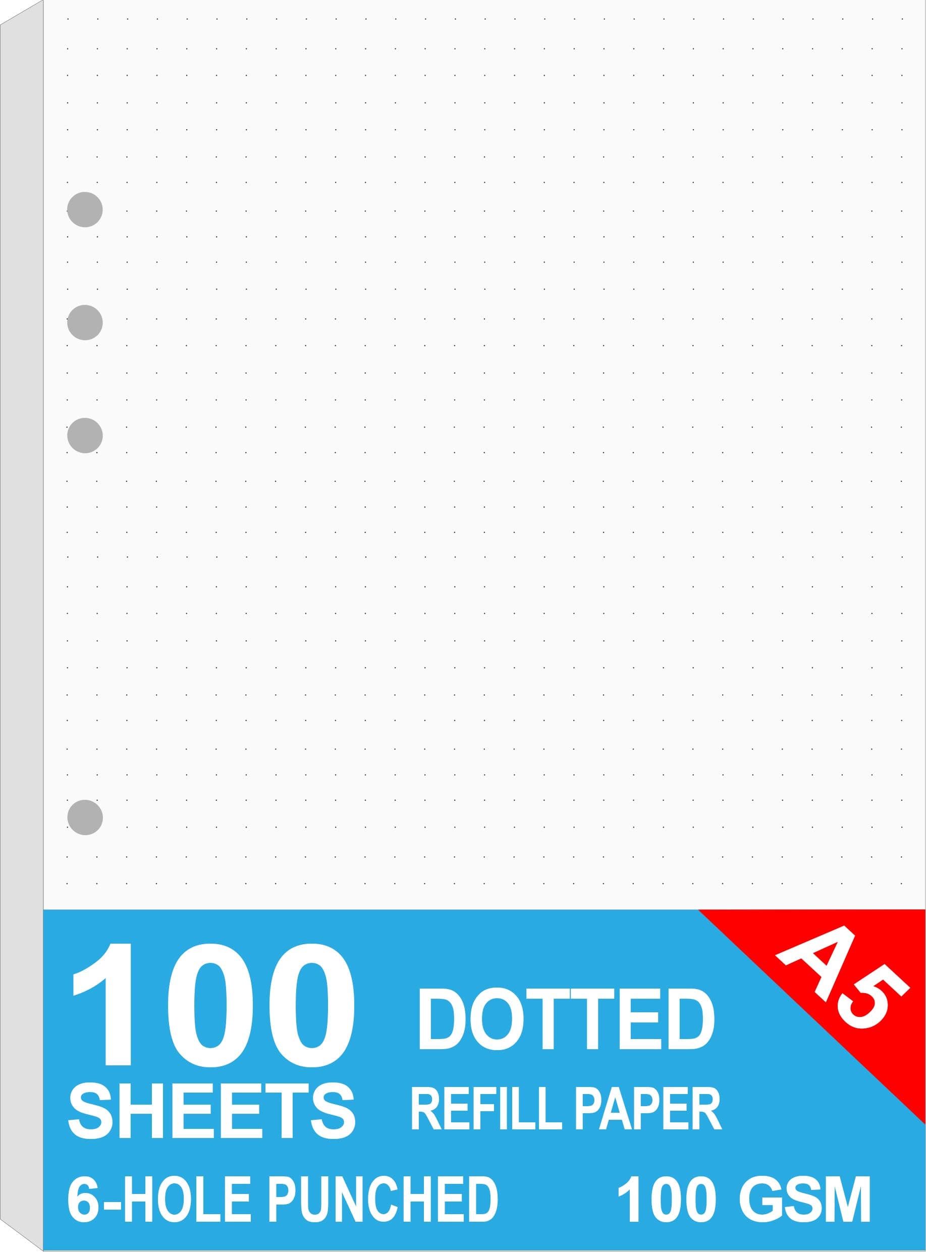 A5 Dotted Refills Paper for Filofax Planner/Binders, 100 Sheets/200 Pages, 100gsm White Paper, 6 Hole Loose Leaf Paper, 14.8x21cm