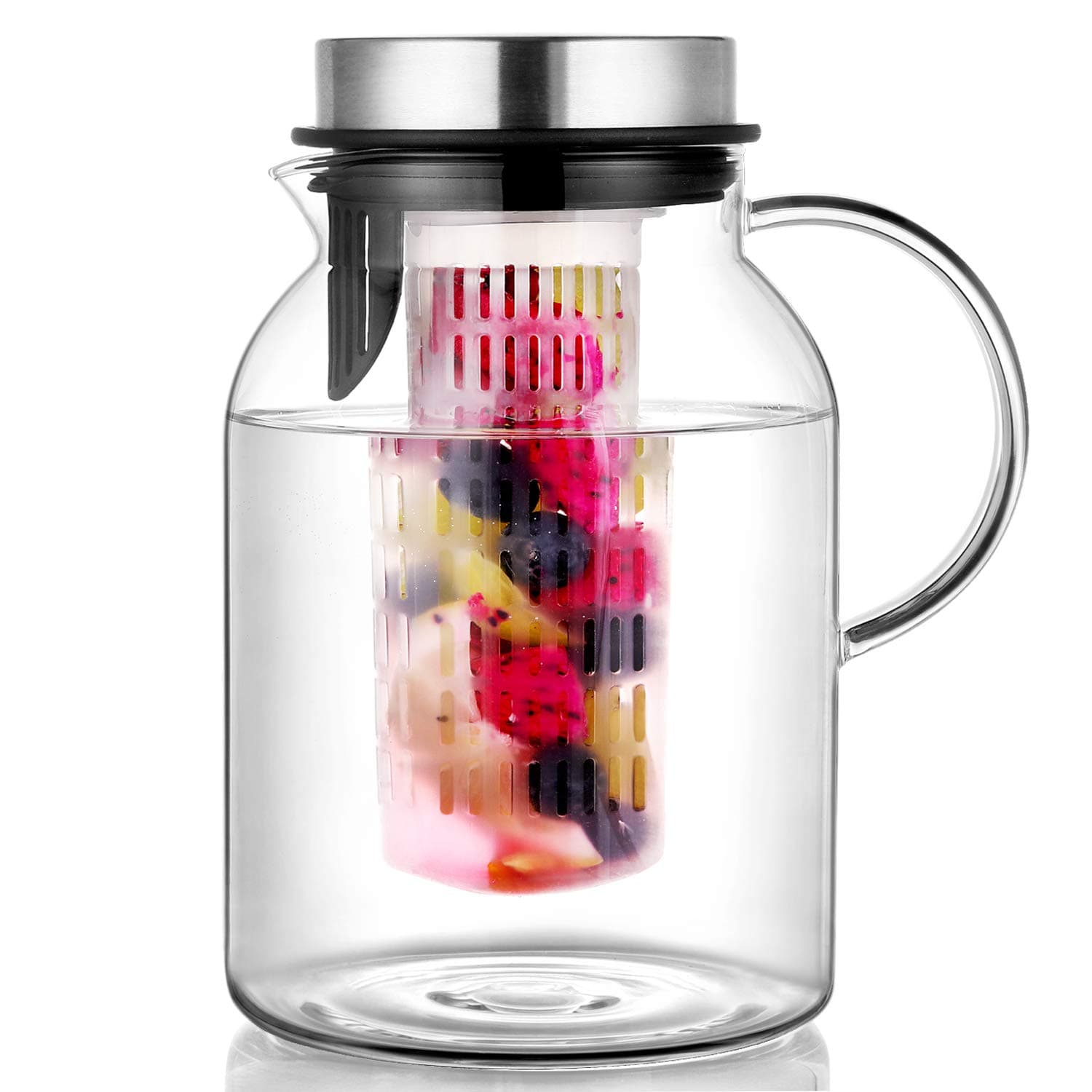 Glass Water Pitcher, Fruit Infuser Pitcher with Removable Lid, High Heat Resistance Infusion Carafe for Hot/Cold Water, Flavor-Infused Beverage & Iced Tea - 2 Qt