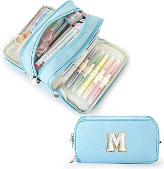 Extra Large Capacity Pencil Case 3 Compartment Initial Pencil Pouch Personalized Cute Aesthetic Stationery Pen Case Bag for School Teen Girl Boy Men Women Gift (M, Blue)