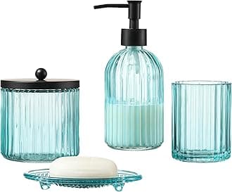 4PCs Heavy Weight Decent Glass Bathroom Accessories Set with Decorative Pressed Pattern - Includes Hand Soap Dispenser & Tumbler & Soap Dish & Toothbrush Holder (Blue-Black)