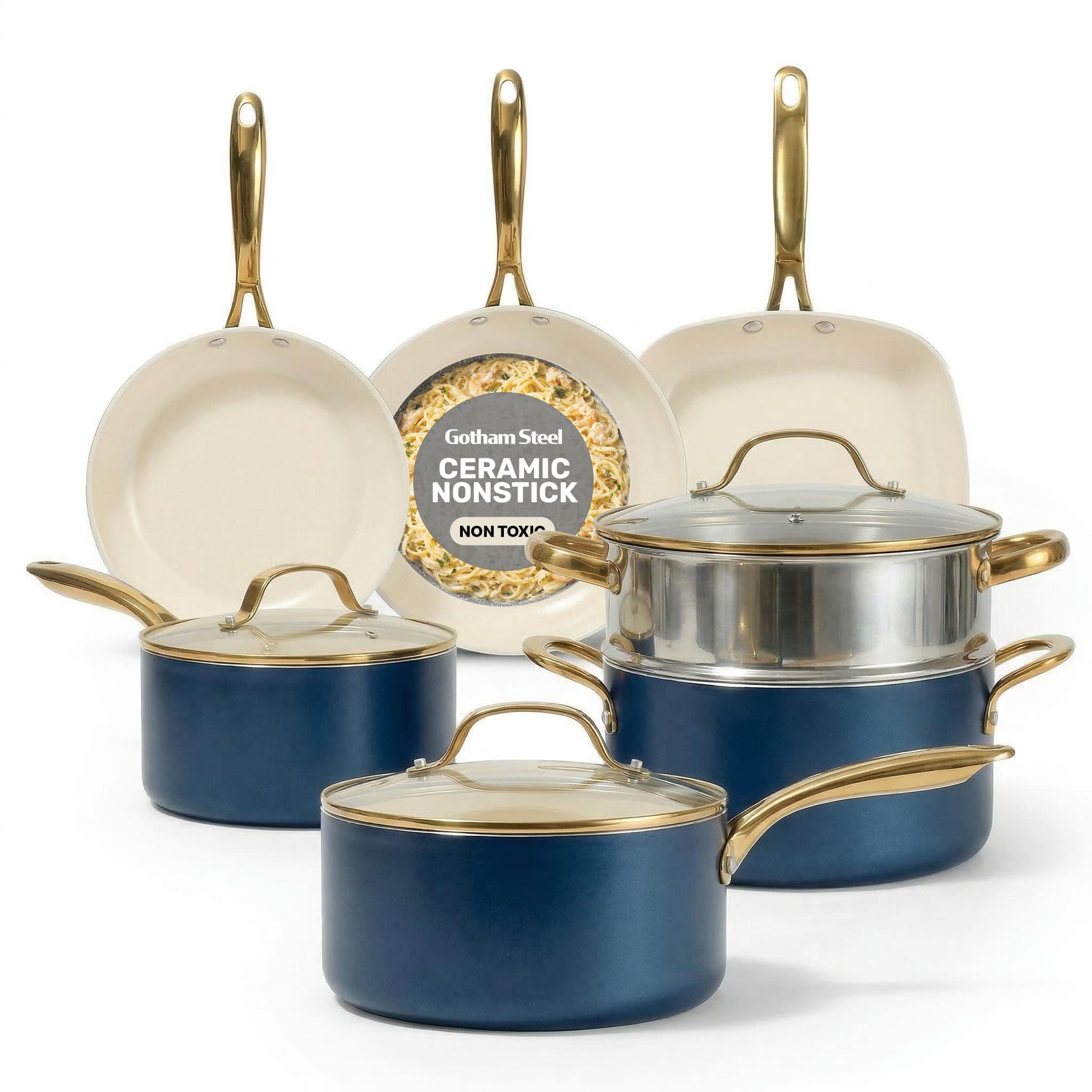 Gotham Steel 12 Pc Ceramic Cookware Set Nonstick, Ceramic Pots and Pans Set Non Stick with Steamer for Cooking, Non Toxic PFOA PFOS Free, Premium Stay Cool Handles, Oven & Dishwasher Safe