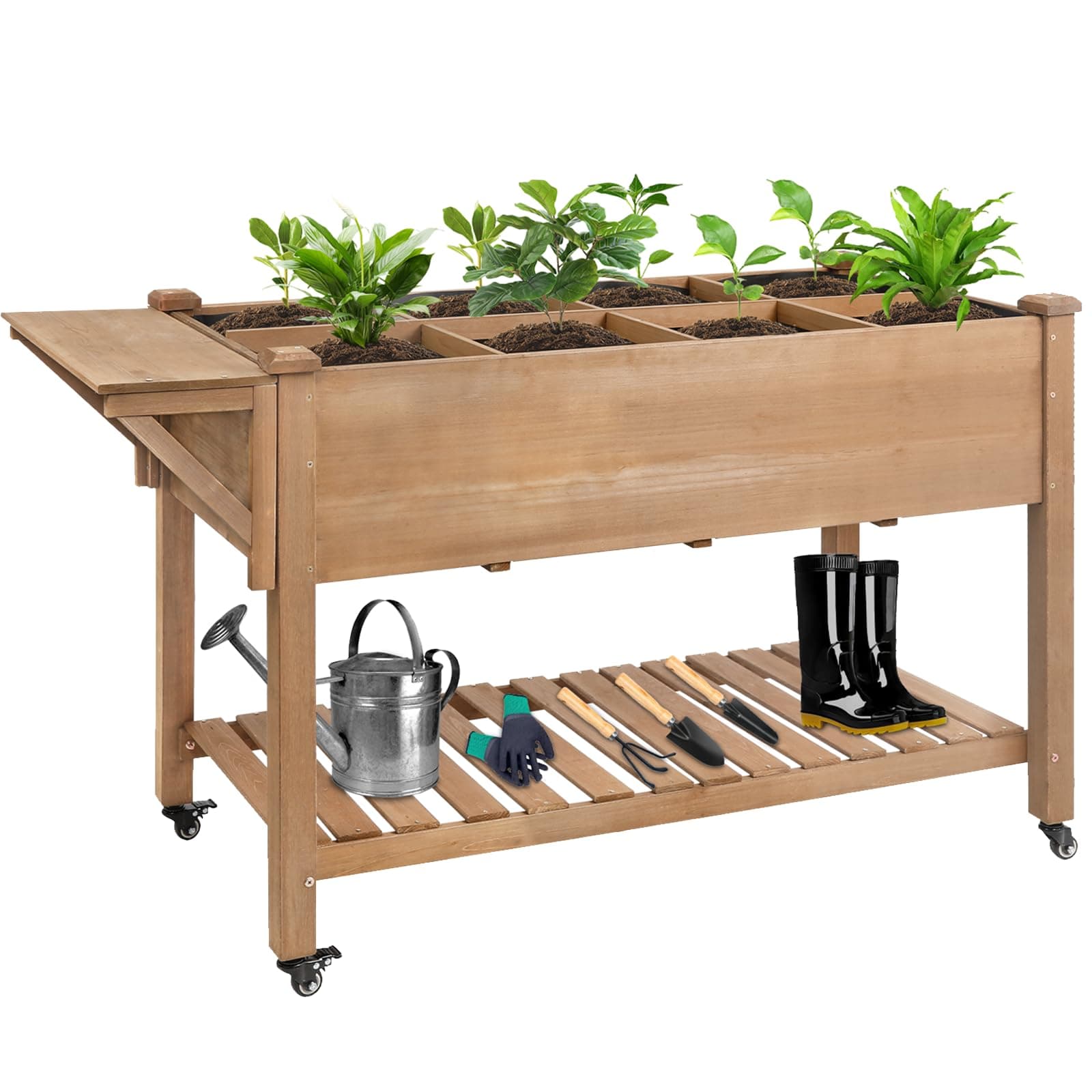 ketive Raised Garden Bed with Lockable Wheels Mobile Elevated Wood Planter,Storage Shelf, Protective Liner,55.5x24x32in (Brown)