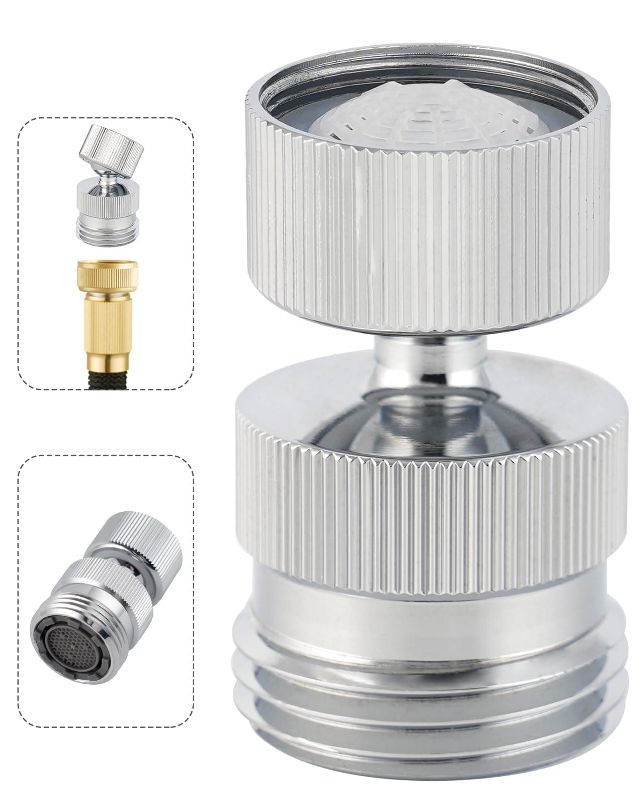Hibbent Swivel Faucet Adapter Kit, Solid Brass 3/4" Garden Hose Adapter with Aerator, 360 Degree Kitchen Sink Faucet Aerator Adapter for Female and Male to Male, Chrome