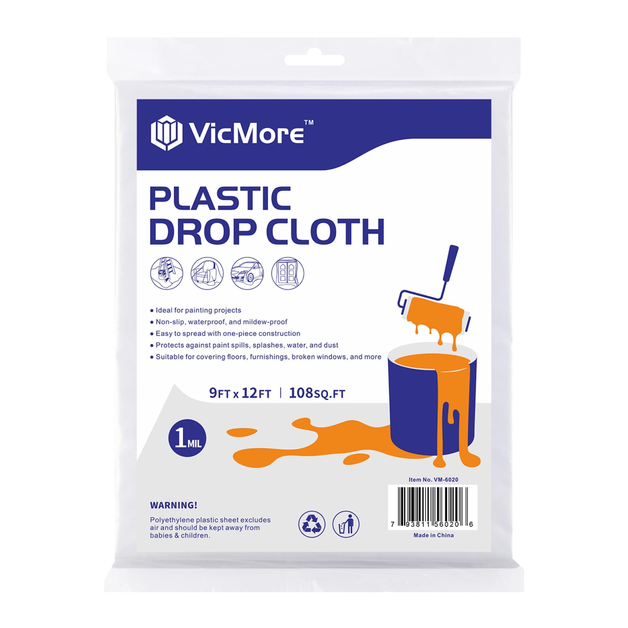 VicMore Clear Plastic Drop Cloth - Water & Dustproof, Odorless Plastic Sheet for Painting, Renovations, DIY Projects - Durable Paint Tarp with 1mil Thickness - Floor Covering & Dust Cover - 9 x 12’