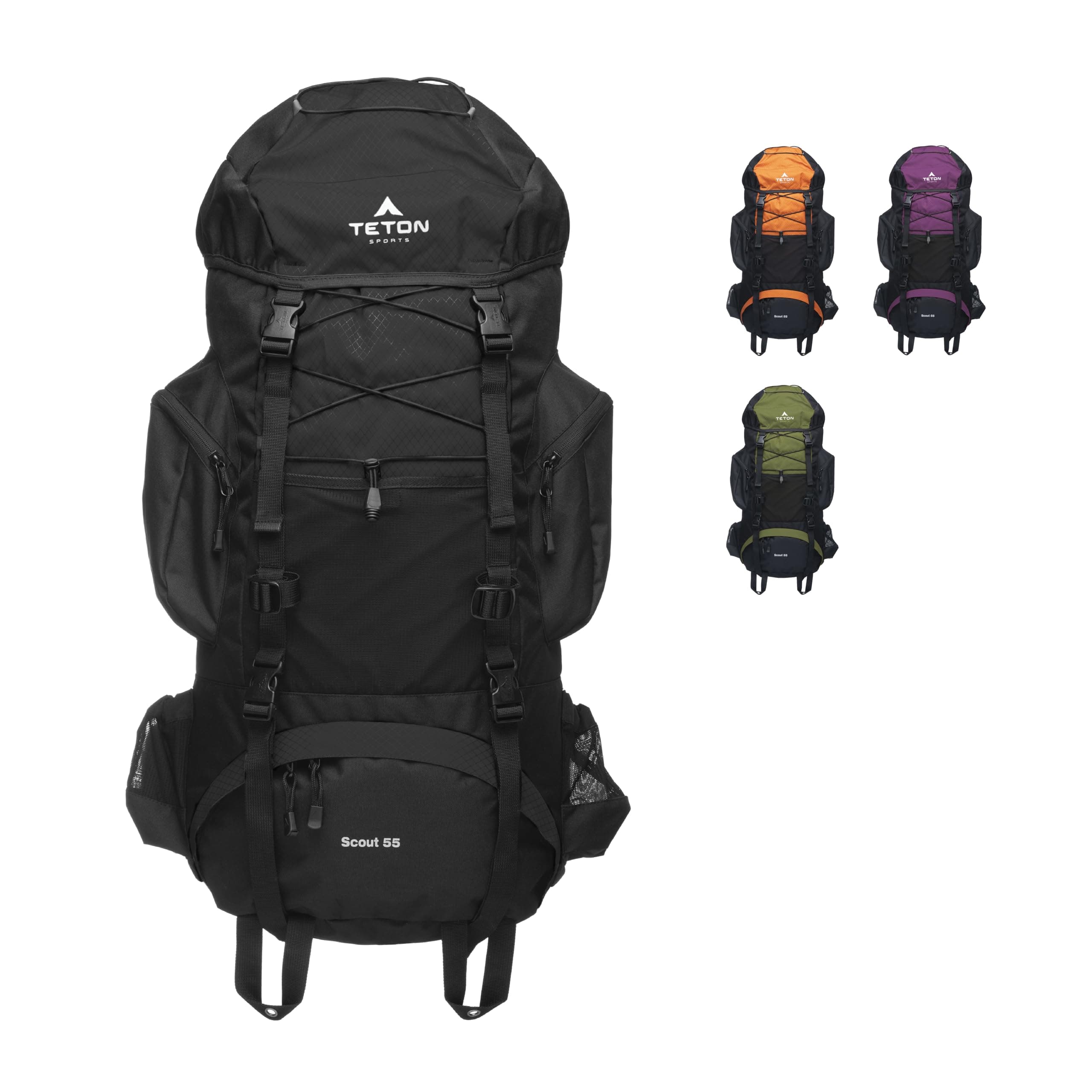 Teton 55L Scout Internal Frame Backpack for Hiking, Camping, Backpacking, Travel, Rain Cover Included, Black