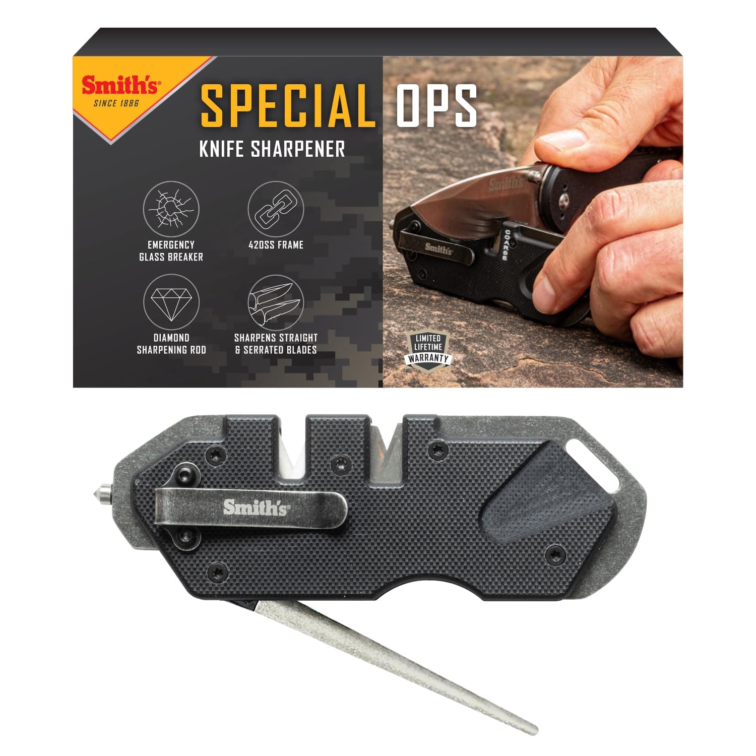 Smith’s 50979 Pocket Pal Tactical Knife Sharpener - Black - 2 Stage & Diamond Sharpening Rod - Portable & Lightweight