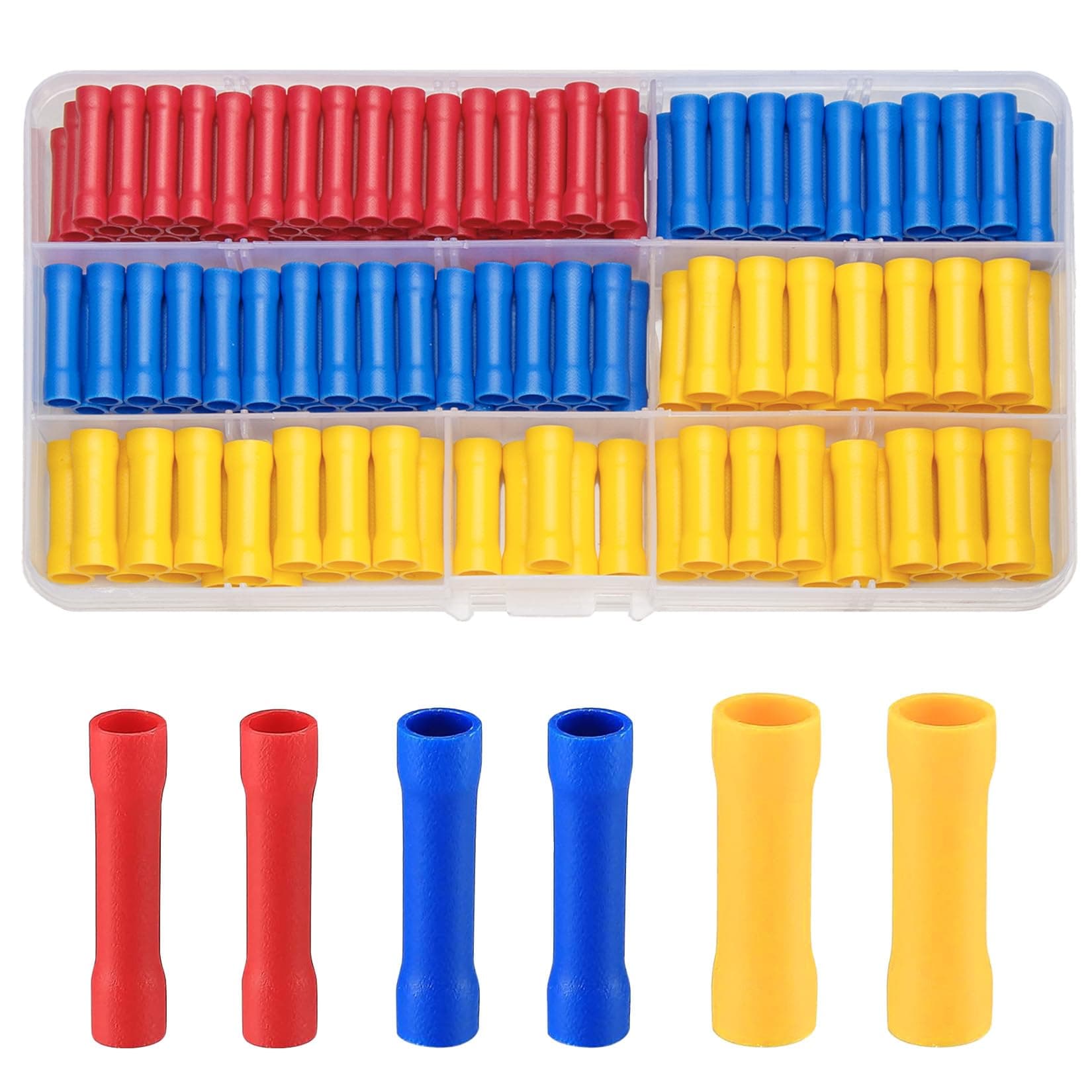 Vwoqiy 150 Pcs Electrical Terminals Crimp Connectors, Electrical Wire Butt Connectors, Female & Male Insulated Cable Wire Crimp Connector Set - Blue/Red/Yellow (three-colour 150)