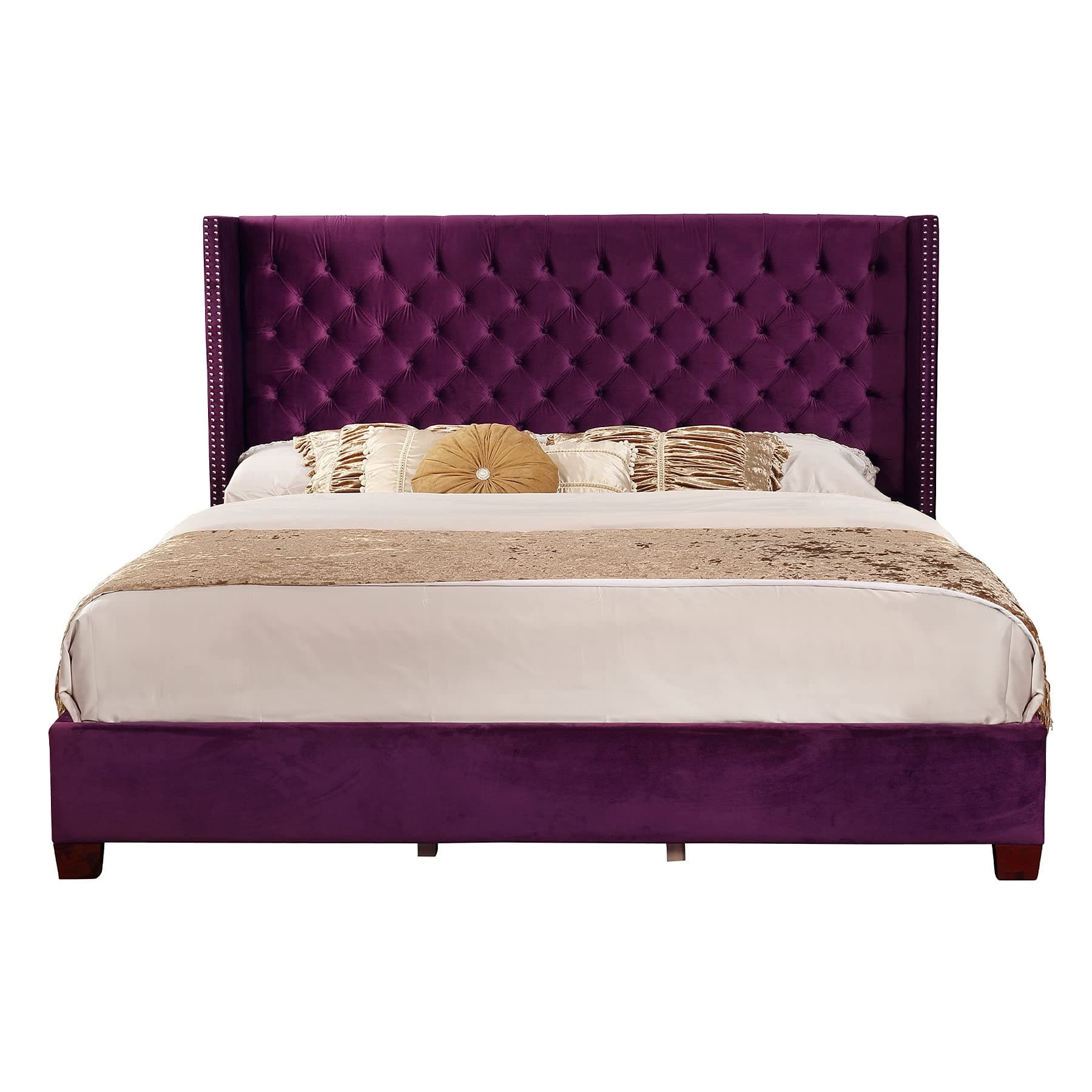 Contemporary Velvet Upholstered Deep Button Tufting Solid Frame Platform Bed With Wood Slats King/Queen Size, Purple