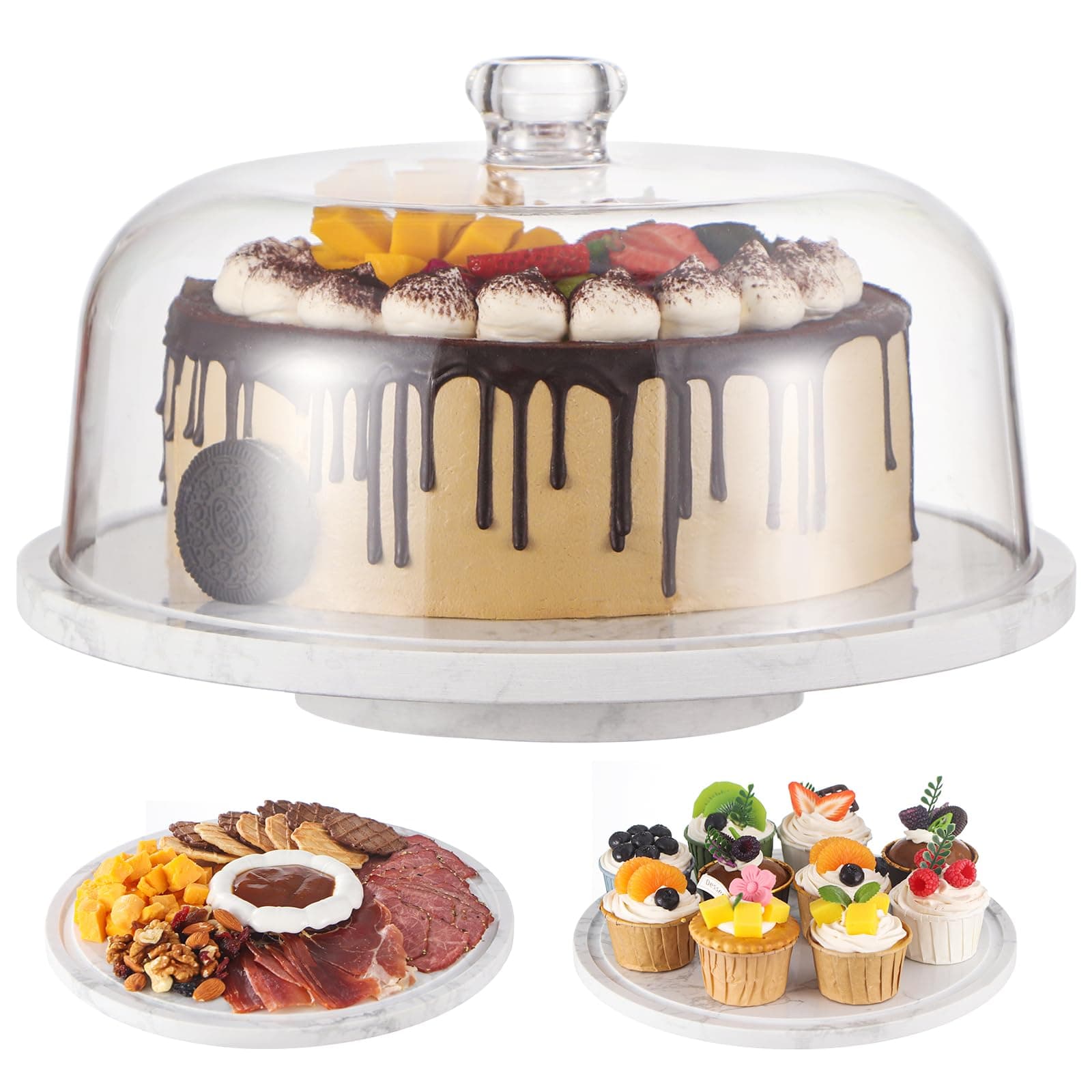 Rotatable Marble Cake Stand with Dome，360° Rotating Cake Stand with Lid，11.8in（30cm） Stone Lazy Susan with Acrylic Lid，Turnable Cheese Pie Dessert Display Stand，Revolving Serving Platter with Cover