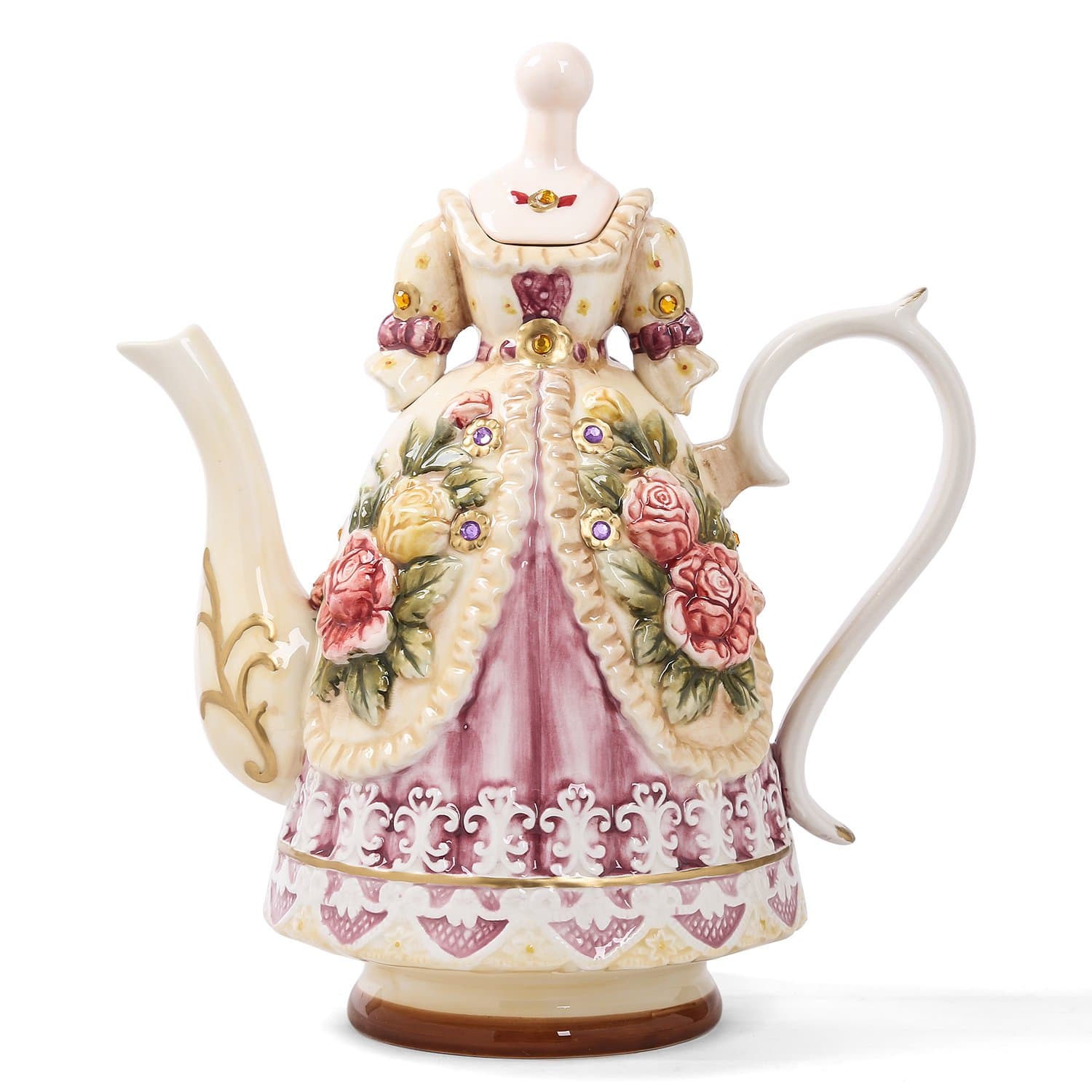FORLONG Large Ceramic Teapot and Coffee Pot with Lid, 3D Embossed Victoria Pink Rose Flowers Decorative Teapot(Red）