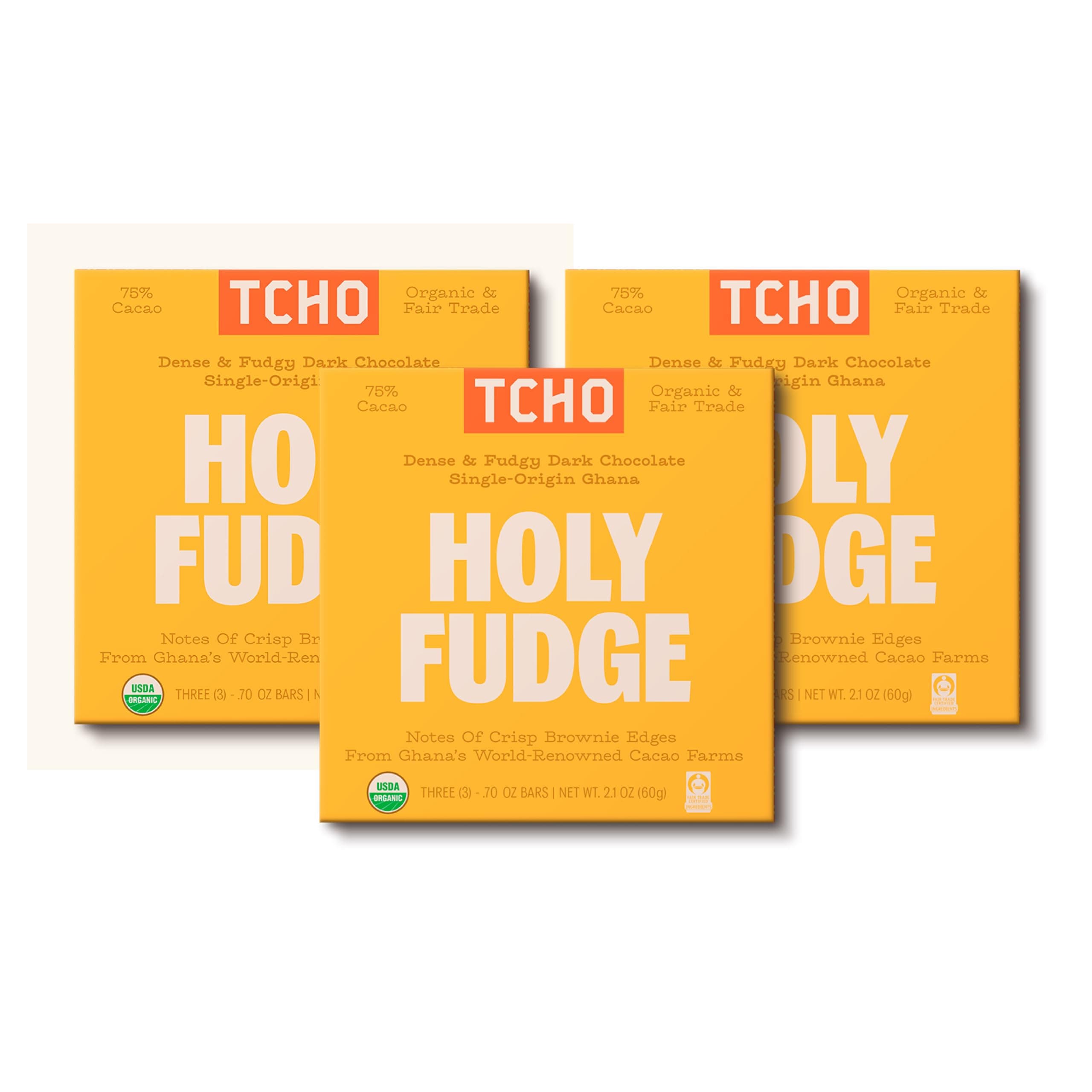 TCHO Holy Fudge 75% Dark Chocolate Bars (3 pack) | Single Origin, Plant Based, Organic & Fair Trade | Non GMO, Non-Dairy, Vegan, Soy Free (2.1oz each)