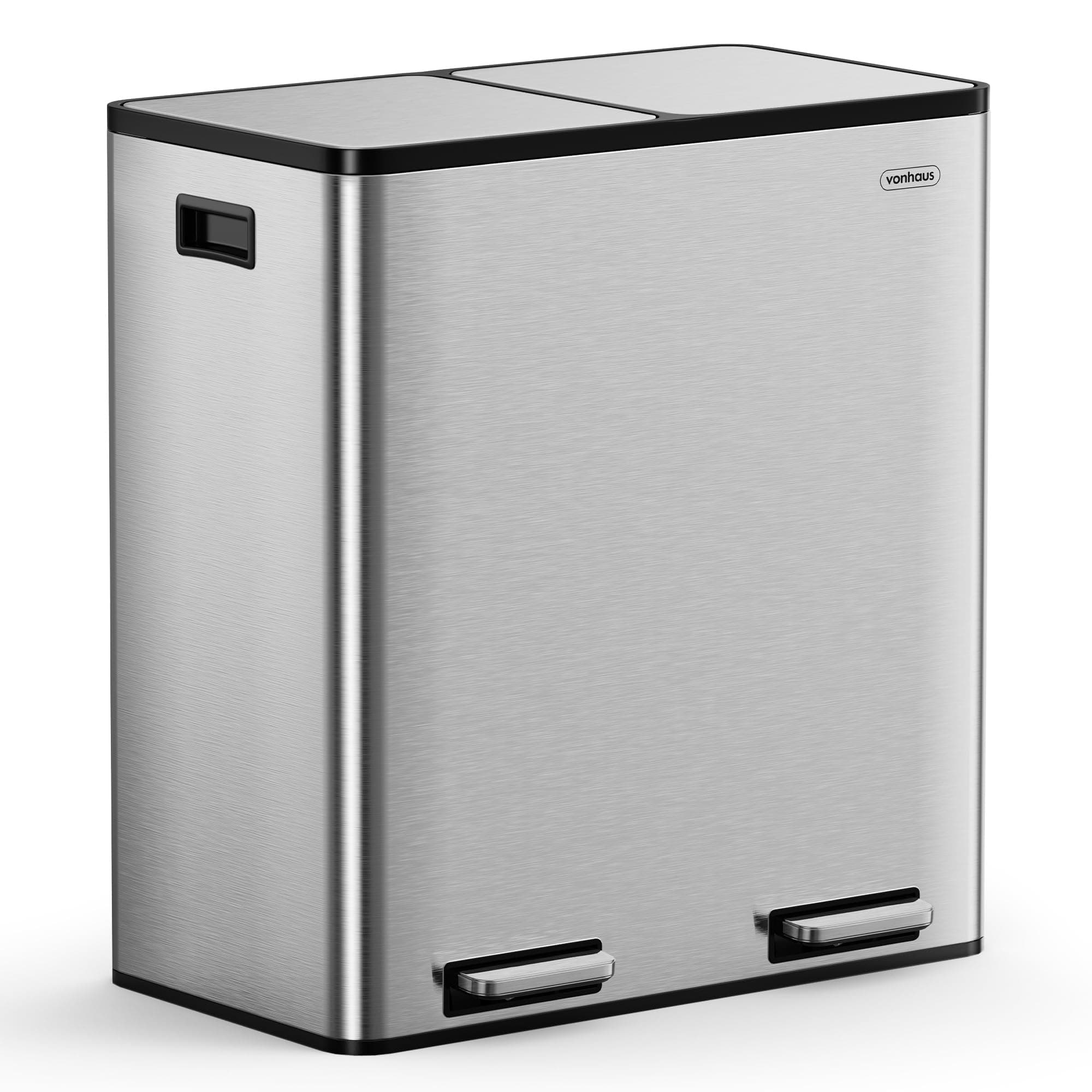 VonHaus Kitchen Bin, 60L Double Recycling Bin for Kitchen, Stainless Steel Two Section Food Waste Separation System with Non-Slip Base & Removable Inner-Compartments, Large Airtight Trash Can, 2 x 30L
