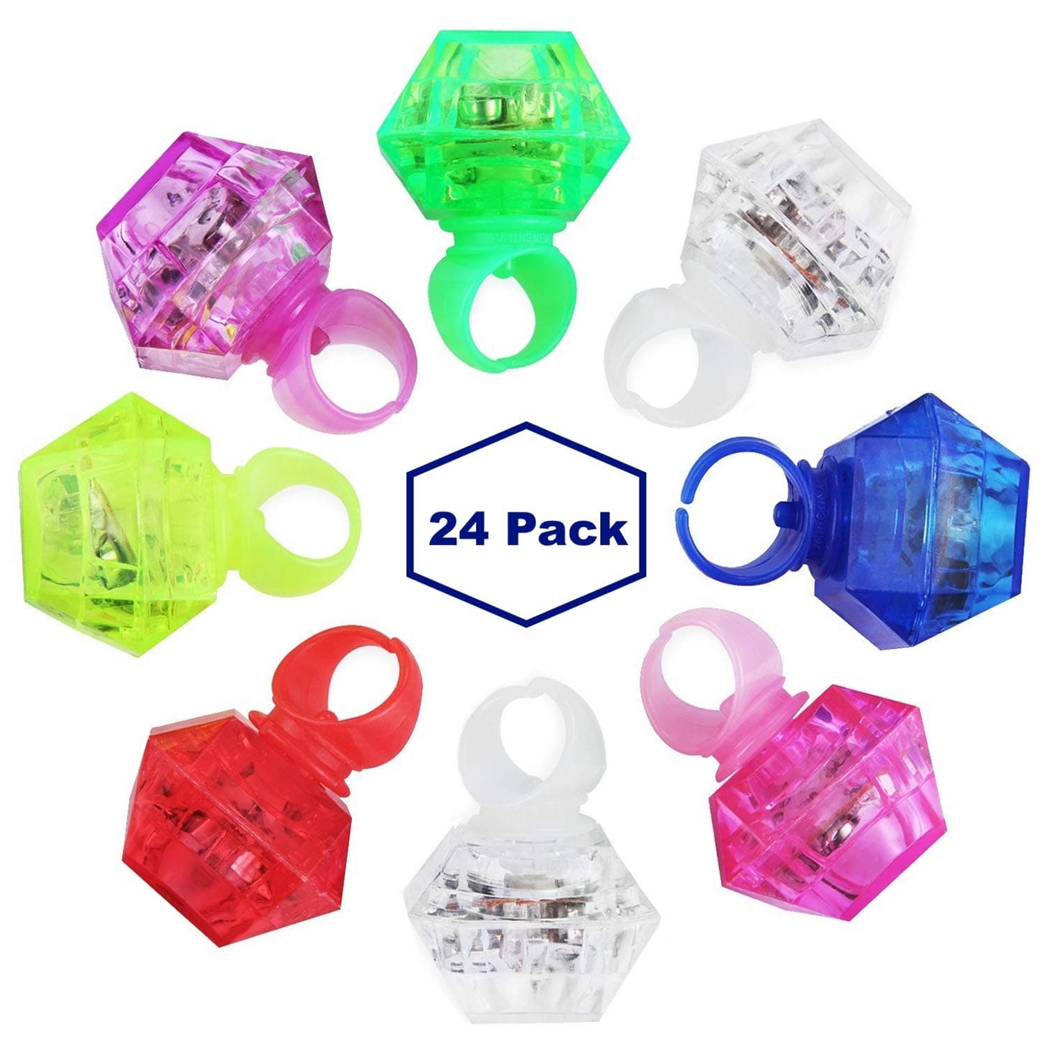 24 Pack LED Glow Rings Light Up Flashing Rings Plastic Diamond Kids Play Rings Glow in The Dark Toys Bachelorette Birthday Themed Football Party