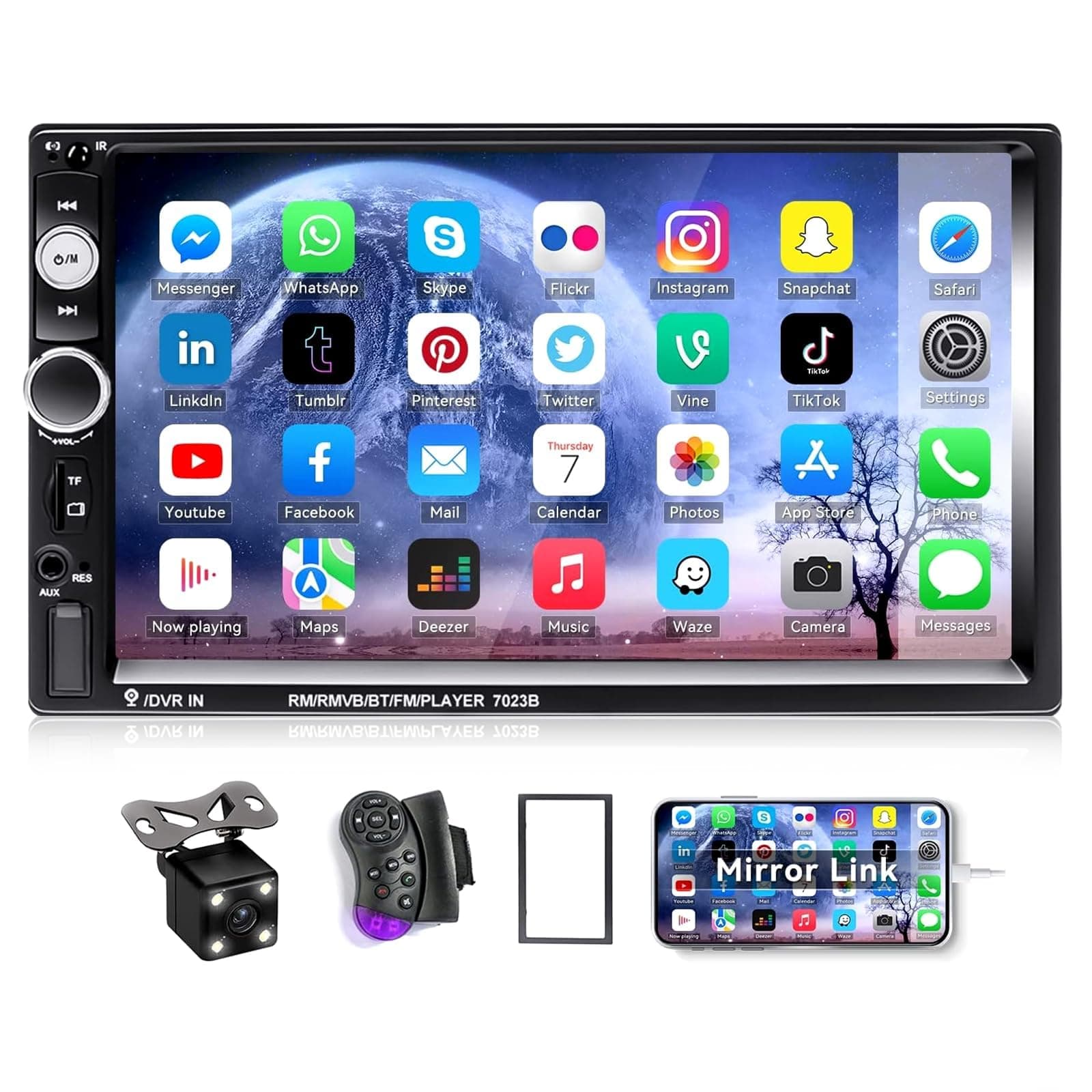 7" Double Din Car Stereo Audio Bluetooth MP5 Player USB FM Multimedia Radio+ 4 LED Mini Backup Camera with Steering Wheel Remote Support Mobile Phone Synchronization (Only Used in Android)