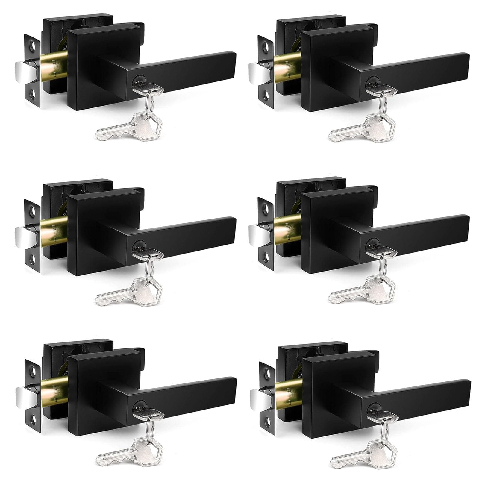 Door Handles Interior, Keyed Entry Door Knobs, Black Door Handle with Reversible Lever, 6 Pack Heavy Duty Door Lock Sets (Keyed Alike), Door Levers for Bedroom & Bathroom, Matte Black