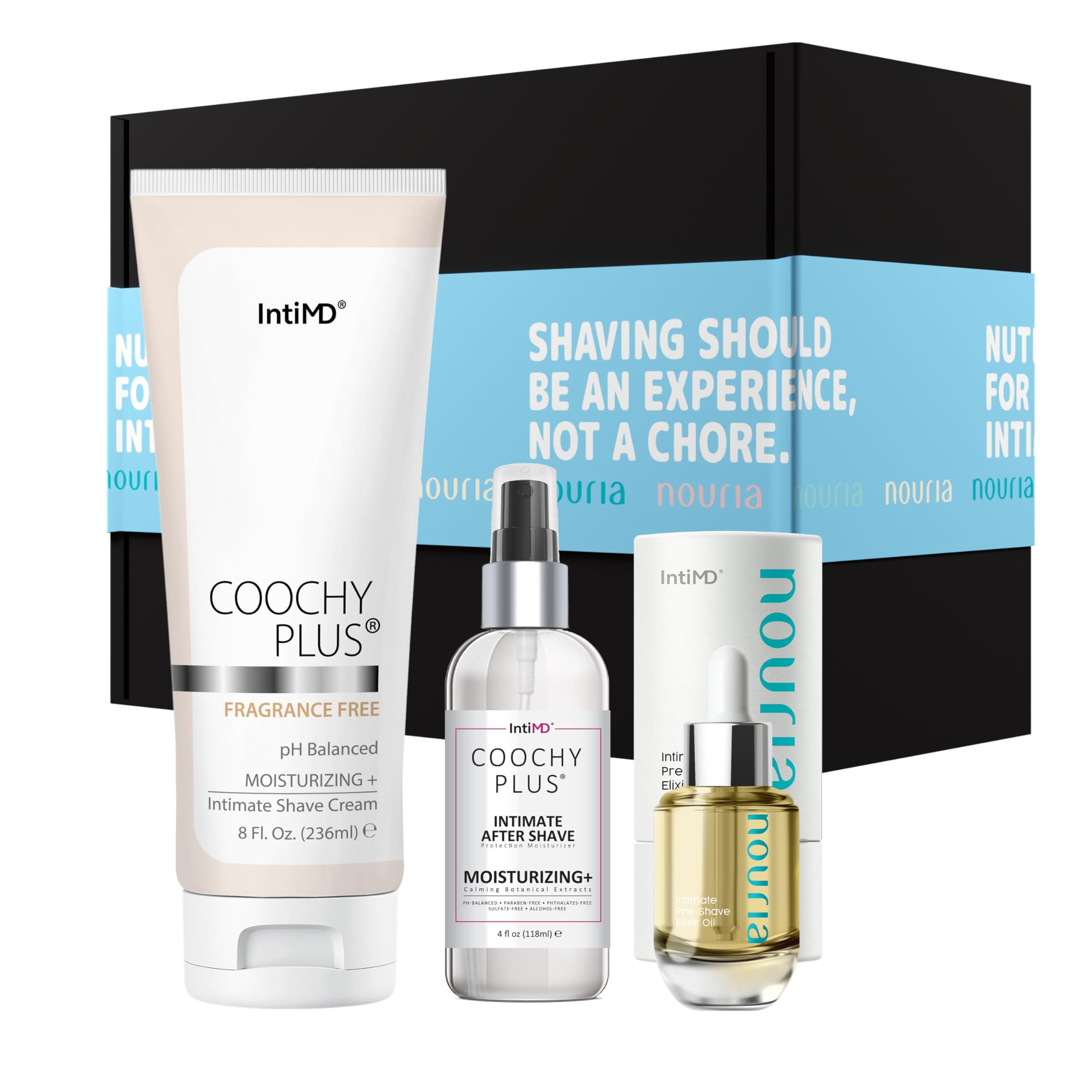 IntiMD Coochy Plus HydroLock Moisturizing + 3-Steps Kit Intimate Shave Gift Set: Nouria Pre-Shave Elixir Oil + Coochy Plus Shave Cream Fragrance Free and Coochy Plus After Shave Protection Mist