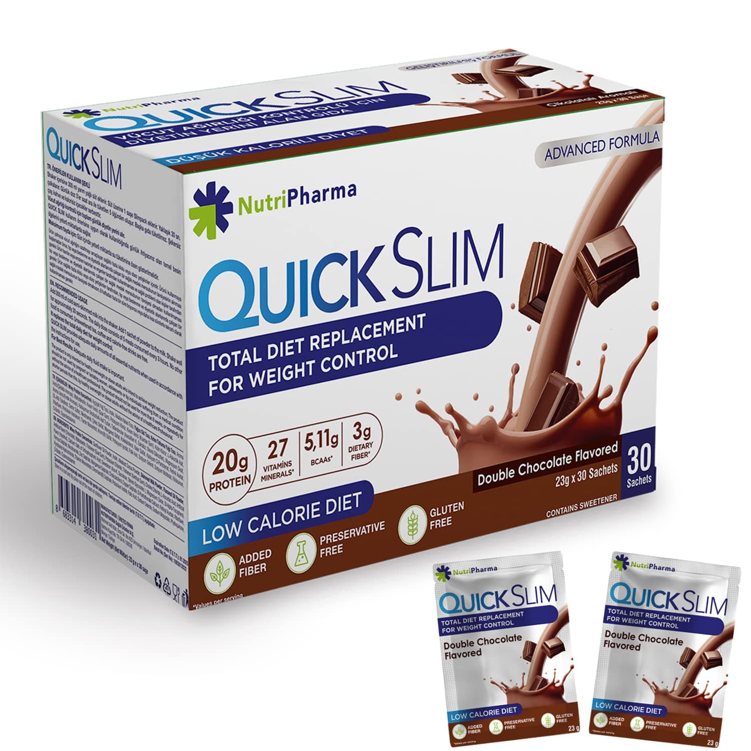Quick Slim Meal Replacement Shake for Weight Loss, 30 Servings, 20g Protein, 27 Vitamins & Minerals, Dietary Fiber, Low Carb, Gluten Free (Double Chocolate, 30 Sachets)