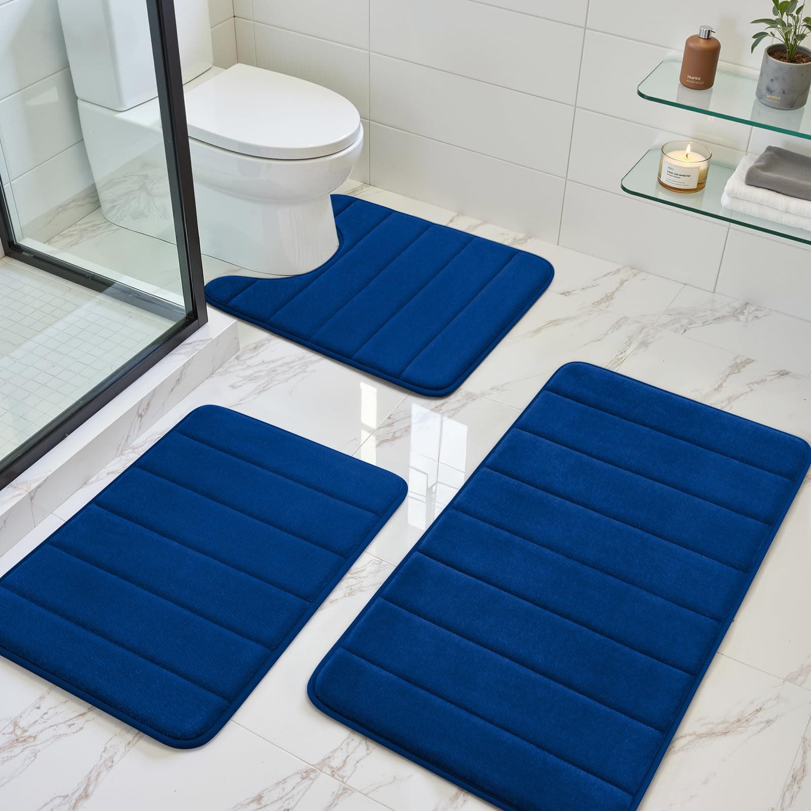 BYSURE Navy Blue Memory Foam Bathroom Rug Set 3 Piece, Non Slip Extra Soft Absorbent Bath Mats, Machine Washable & Dry Toilet Mat Sets for Bathroom Floor
