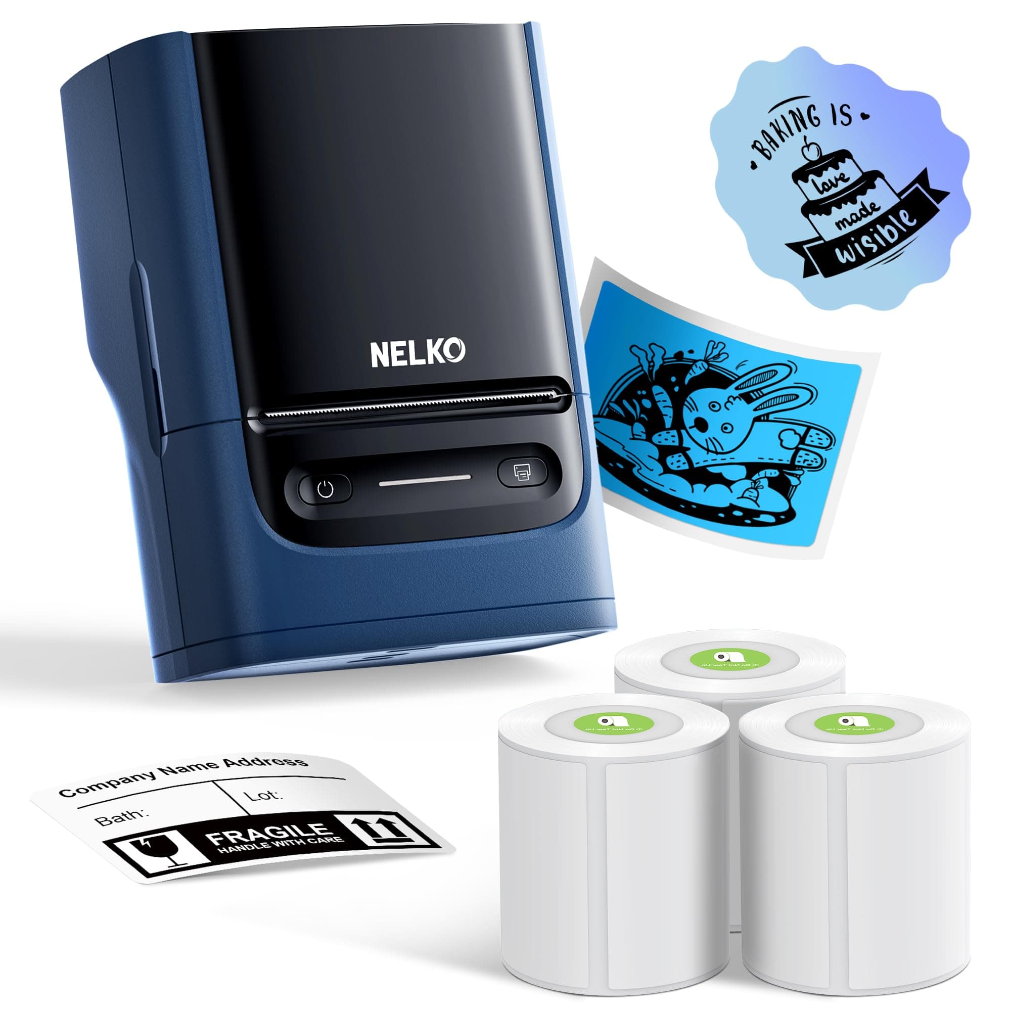 Nelko PM220 Bluetooth Label Maker Machine With Tape, 2 Inch Portable Thermal Printer for Small Business, Logo, Clothing, Sticker for Phones & PC, With 3 Labels, Deep Blue