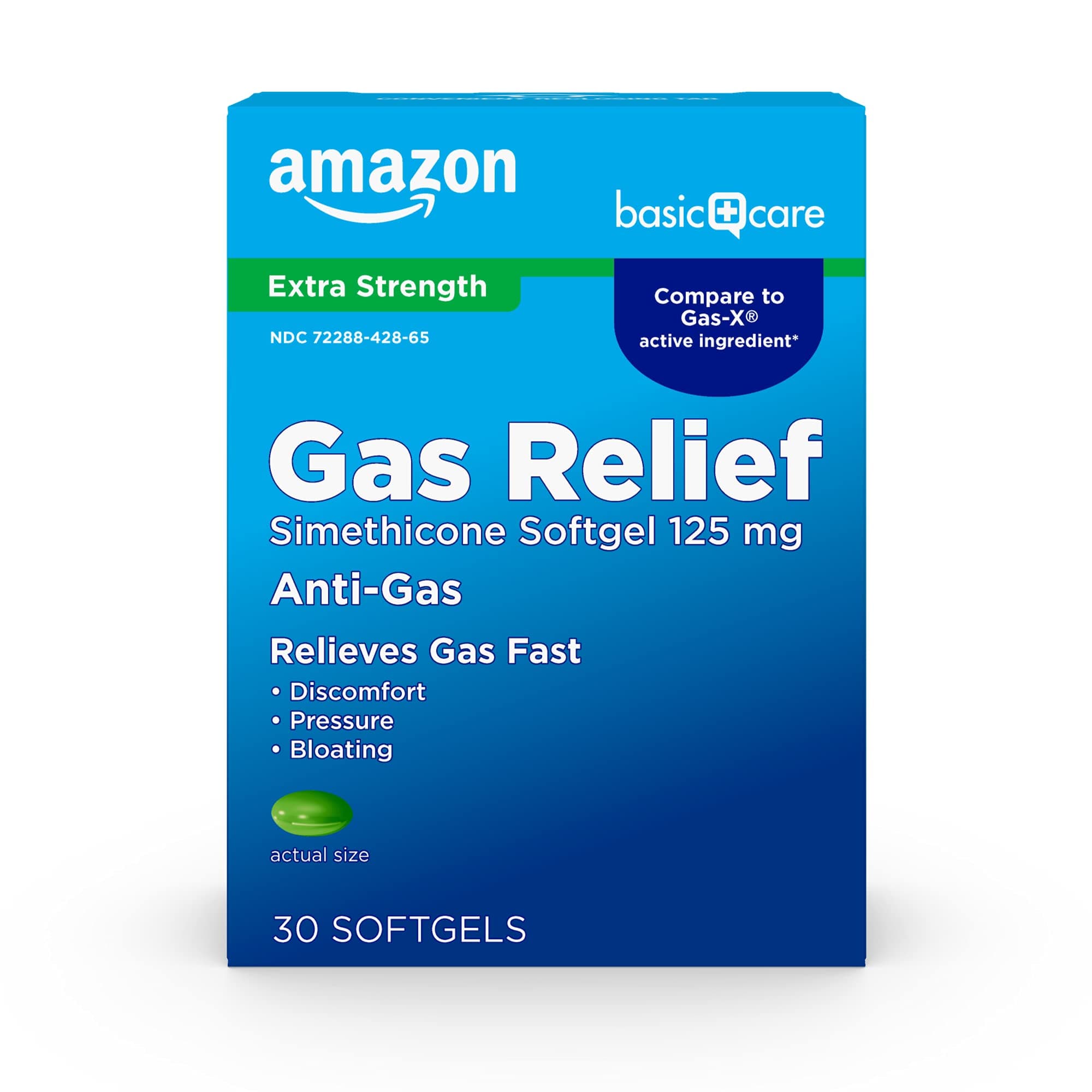Amazon Basic Care Gas Relief Softgels, Simethicone 125 mg, Extra Strength Antigas for Bloating and Discomfort, 30 Count
