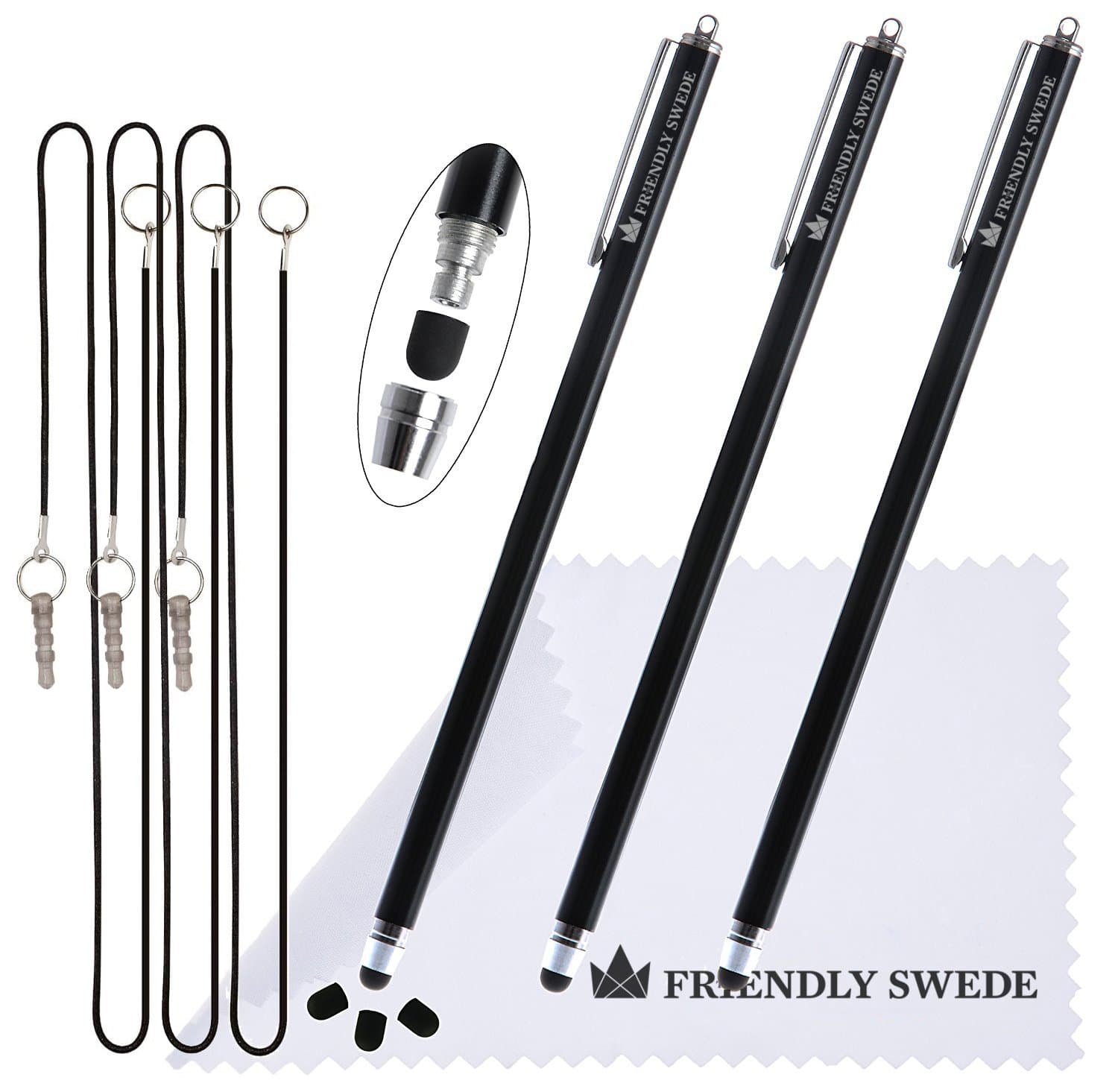 The Friendly Swede Extra Long Stylus Pen for Touchscreen — Set of 3 Thin-Tip High Precision Capacitive 7.3" Stylus Pens - Including Elastic Lanyards, 3 Replaceable Tips & Cleaning Cloth - Black