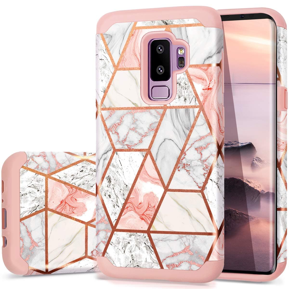Fingic Samsung S9+ Plus Case,Galaxy S9+ Plus Case, Samsung Galaxy S9+ Plus Case Pink Marble 2 in 1 Hybrid Hard PC Soft Silicone Shockproof Anti-Scratch Rubber Bumper Protective S9 Plus Case,Rose Gold