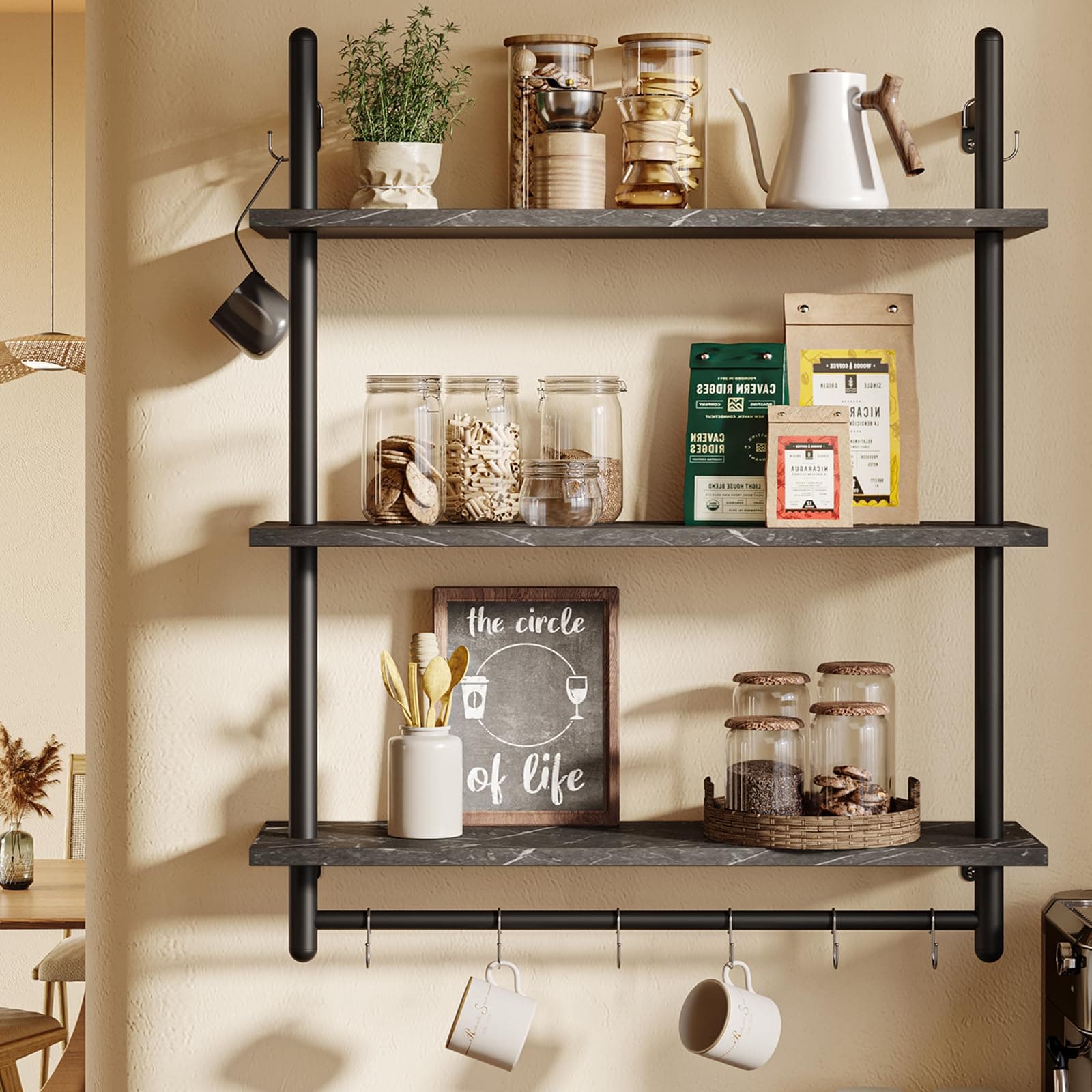 Bestier Floating Pipe Shelving, 31.5" Floating Kitchen Shelves Wall Mounted, 3 Tier Coffee Bar Shelf Ladder Bookshelf with Towel Bar Hooks for Kitchen Living Room Bathroom Bedroom, Black Marble