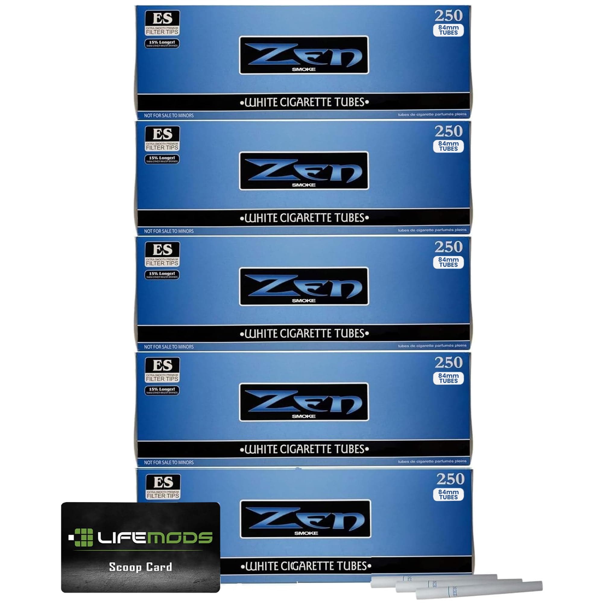 Zen Cigarette Tubes | Light | King Size | 5 Pack | 1250 Tubes | Premium Quality and Affordability - Includes LifeMods Scoop Card for Effortless Material Handling