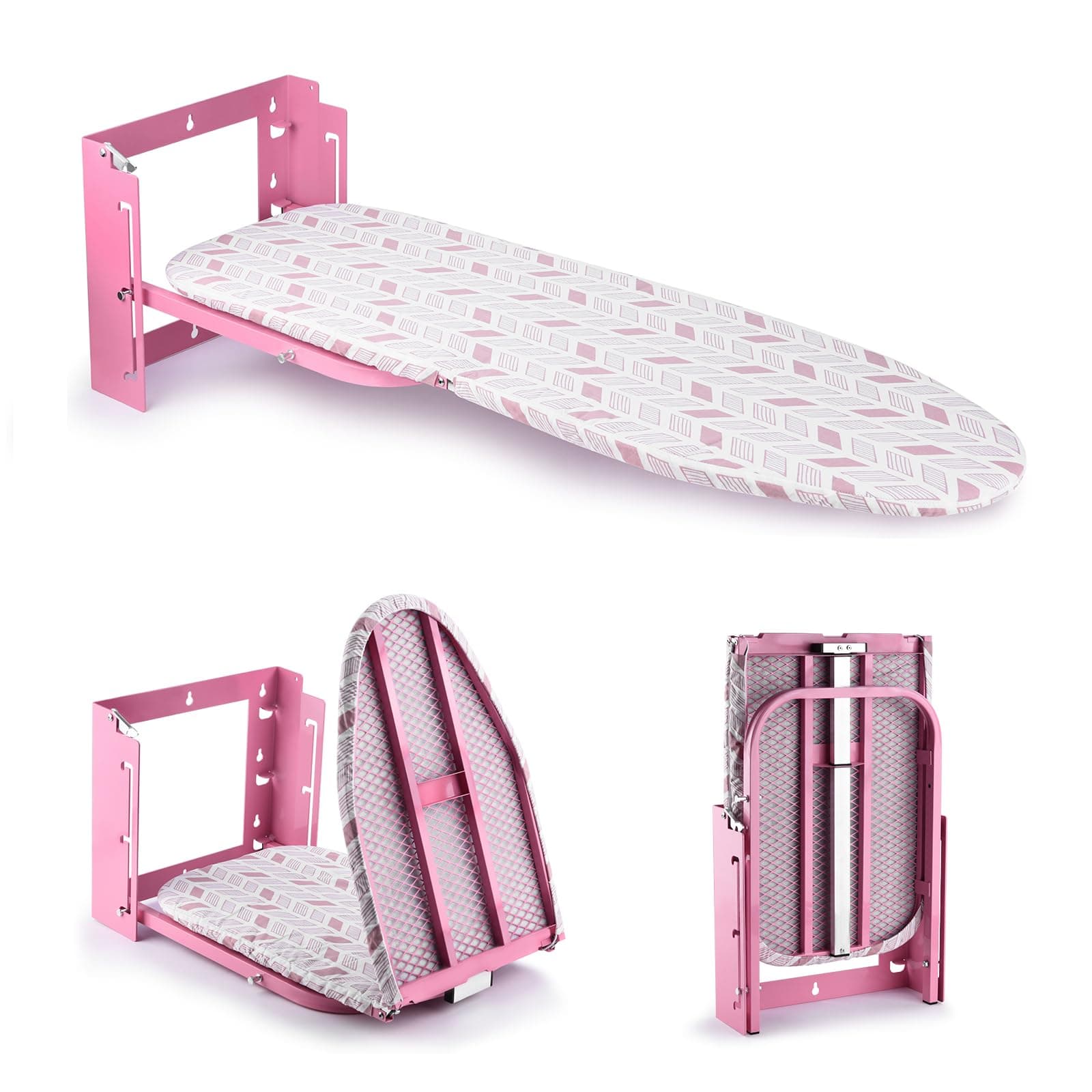 Wall Mounted Ironing Board Adjustable Height, 36 x 12 Inch Fold Away Iron Board Wall Mount Space-Saving Ironing Board with Removable Heat Resistant Cover for Small Spaces Home Laundry Room Pink