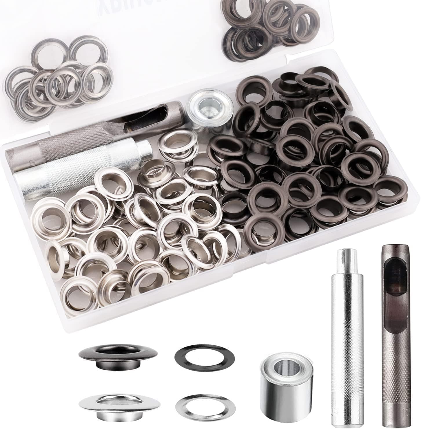 Grommet Tool Kit, 1/2 Inch Grommets Eyelets Sets,100 Sets Grommets, Eyelets Kit with 3 Pcs Leather Punch Tool, Stainless Steel Grommets for Fabric, Canvas, Shoes, Tarps, Clothing (Black and Silver)