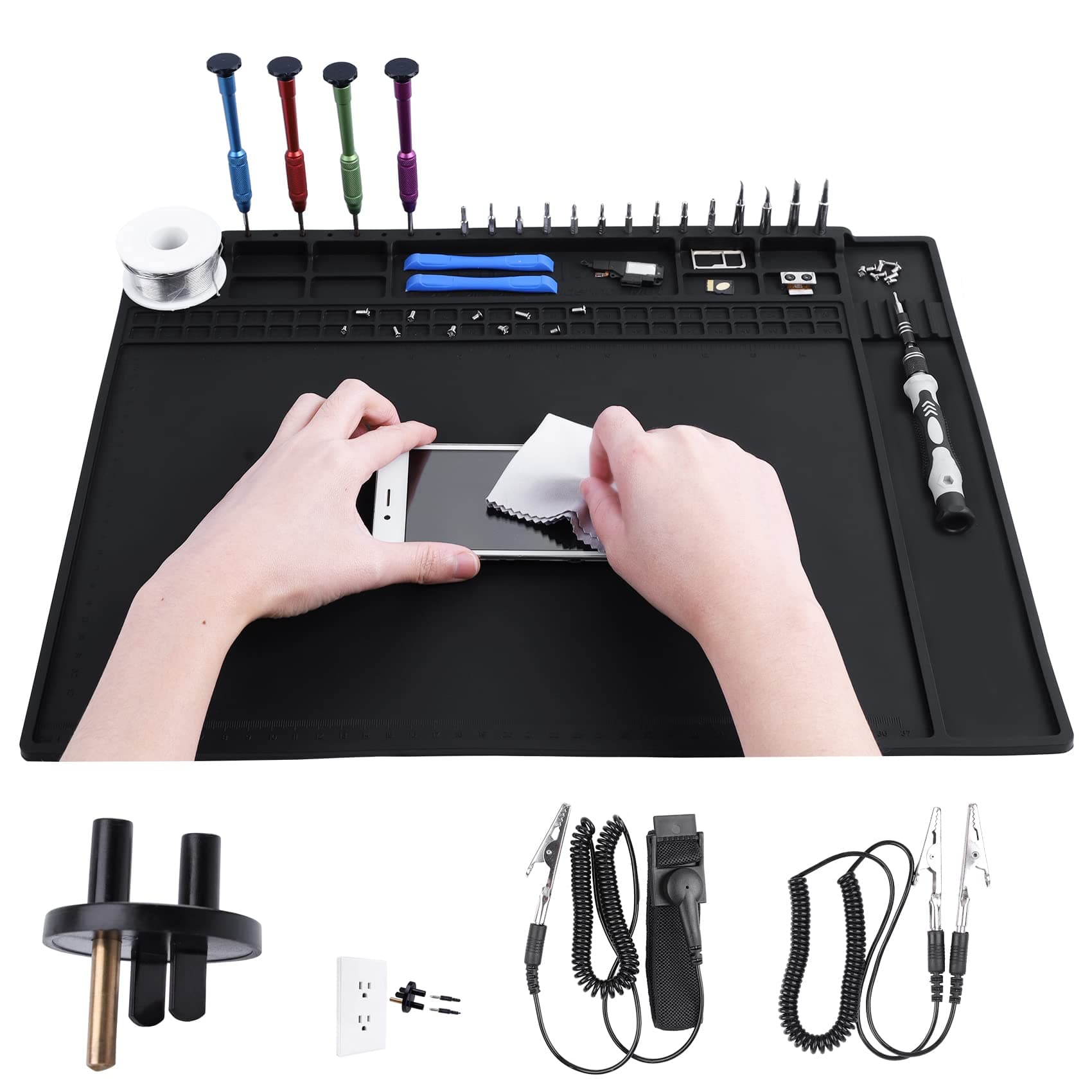 HPFIX Anti Static Mat Includes ESD Wristband and Grounding Wire and Grounding Plug for Electronics Repair, Premium Heat Resistant ESD Safe Soldering Mat (17.7" x 13.6")