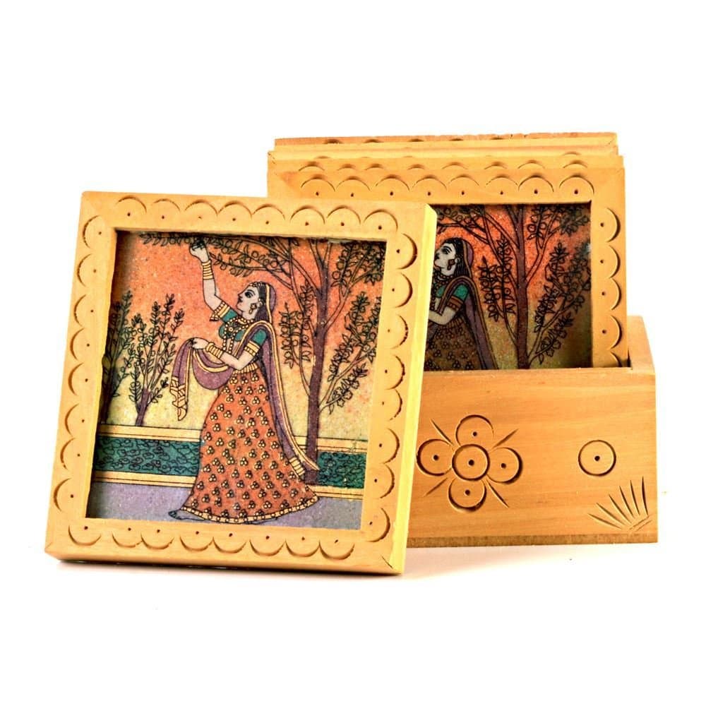 Little India Unique Gemstone Painted Square Tea Coaster Set (212, White)