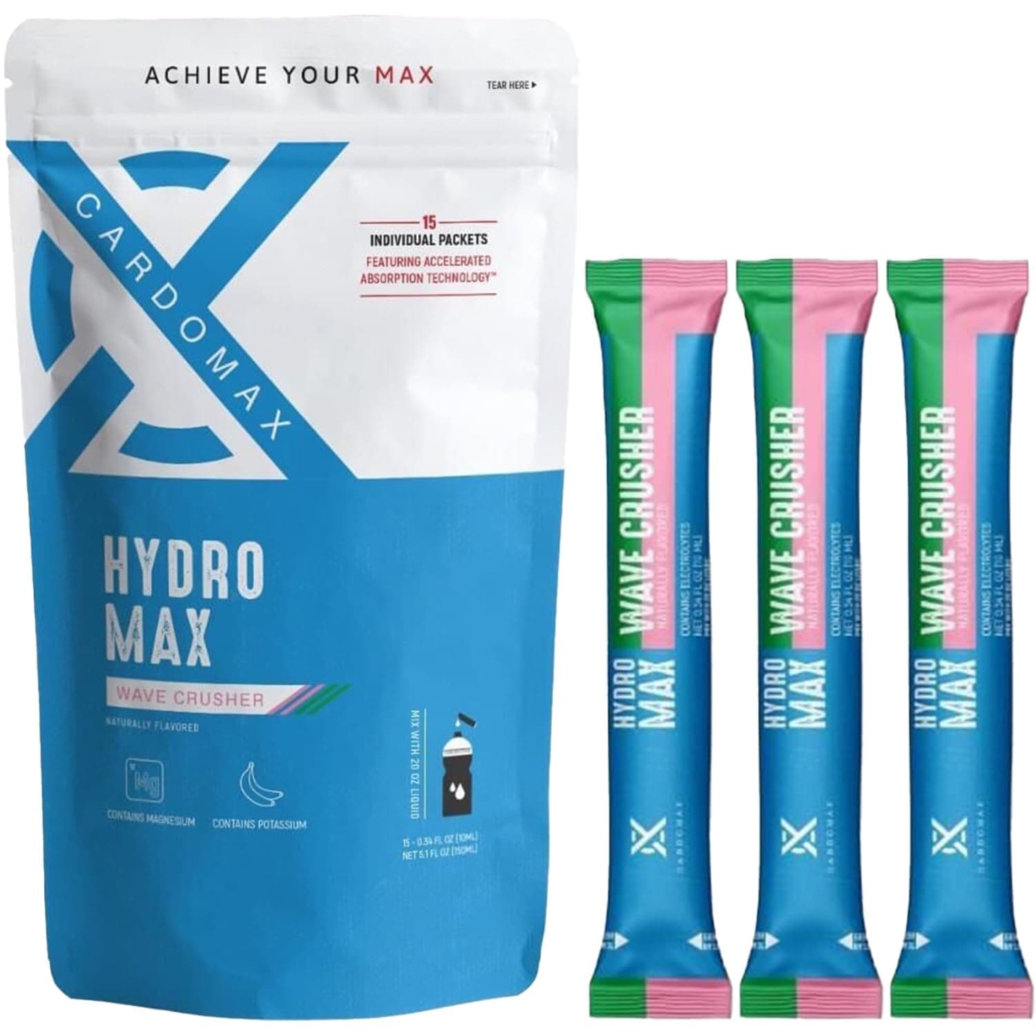 CardoMax Hydration Packet Electrolyte Drink Mix - HydroMax Liquid Water Packets, Zero Calories, Sugar-Free, Keto-Friendly 15 Single Serve Sticks (Wavecrusher Flavor), Pack Of 1