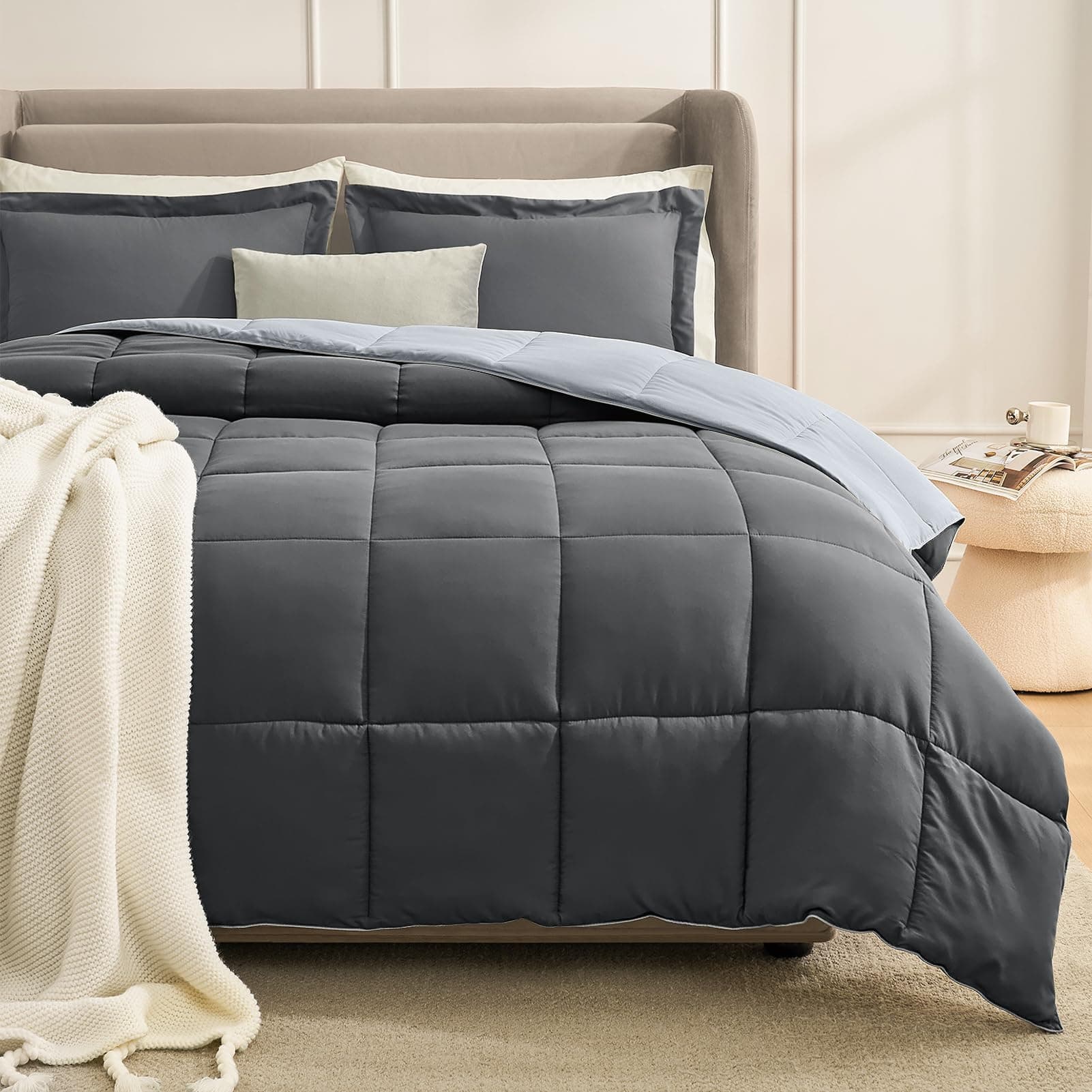 King Size Comforter Set Grey, Comforters King Size Bed Sets, Lightweight Soft Down Alternative Bed Comforter Reversible All Season 3 Piece Sets with 2 Shams Grey/Light Gray