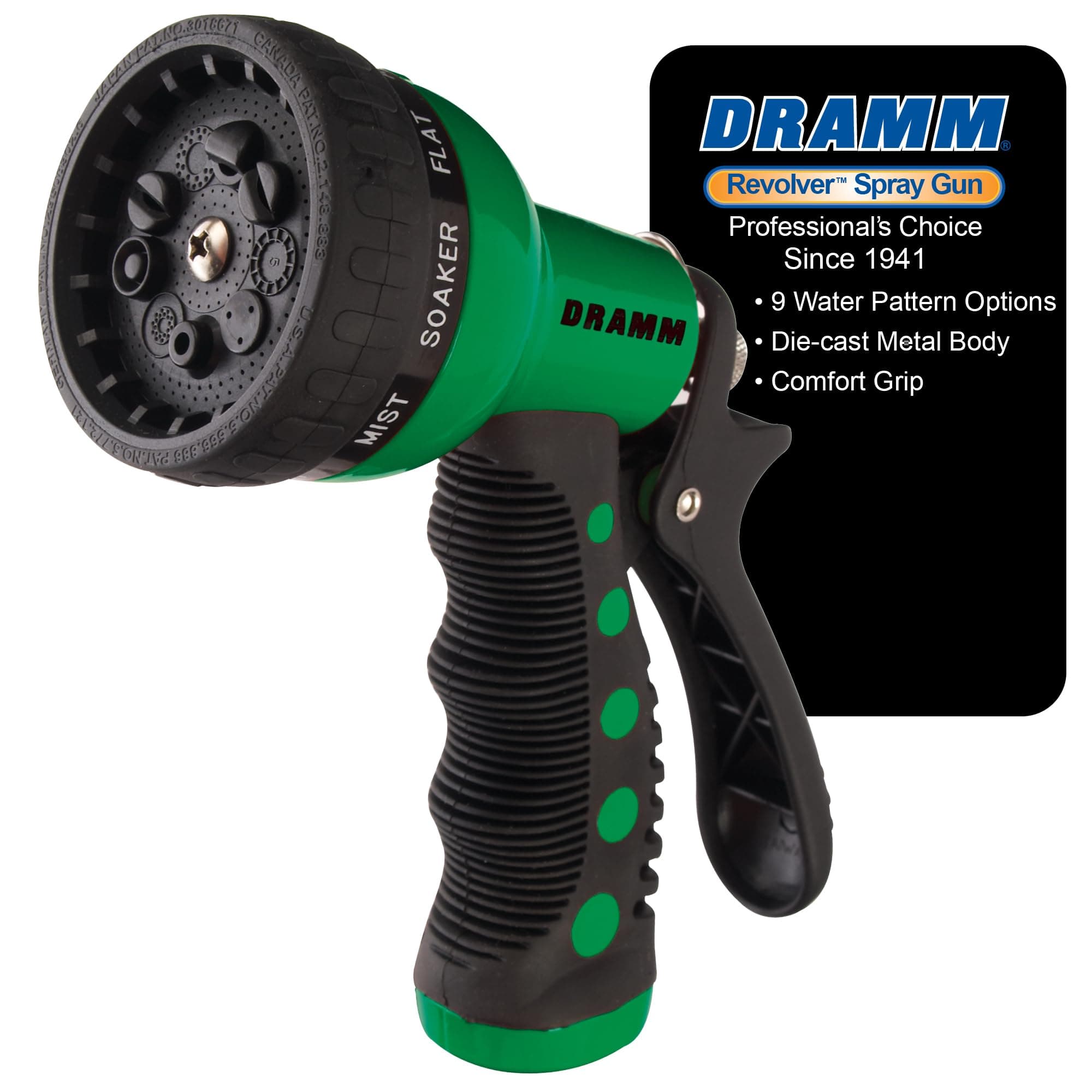 Revolver Heavy Duty Metal Garden Hose Nozzle – 9 Spray Patterns, High Pressure Jet, Thumb-Control Flow, Ergonomic Grip – Green