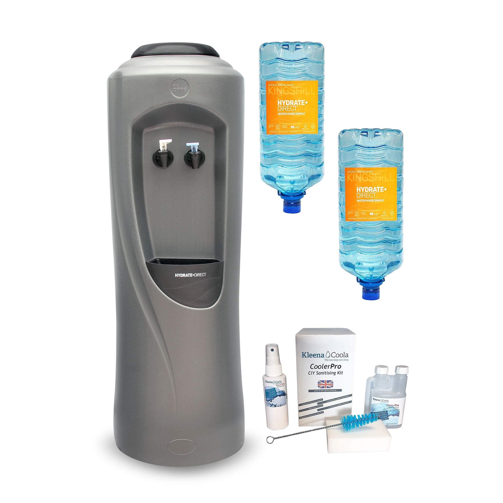 – Core Water Cooler Package 3 | Water Dispenser Plus 2 x 15L Bottles of Natural Mineral Water and Sanitisation Kit, Ambient & Cold Temperature, Grey/Silver