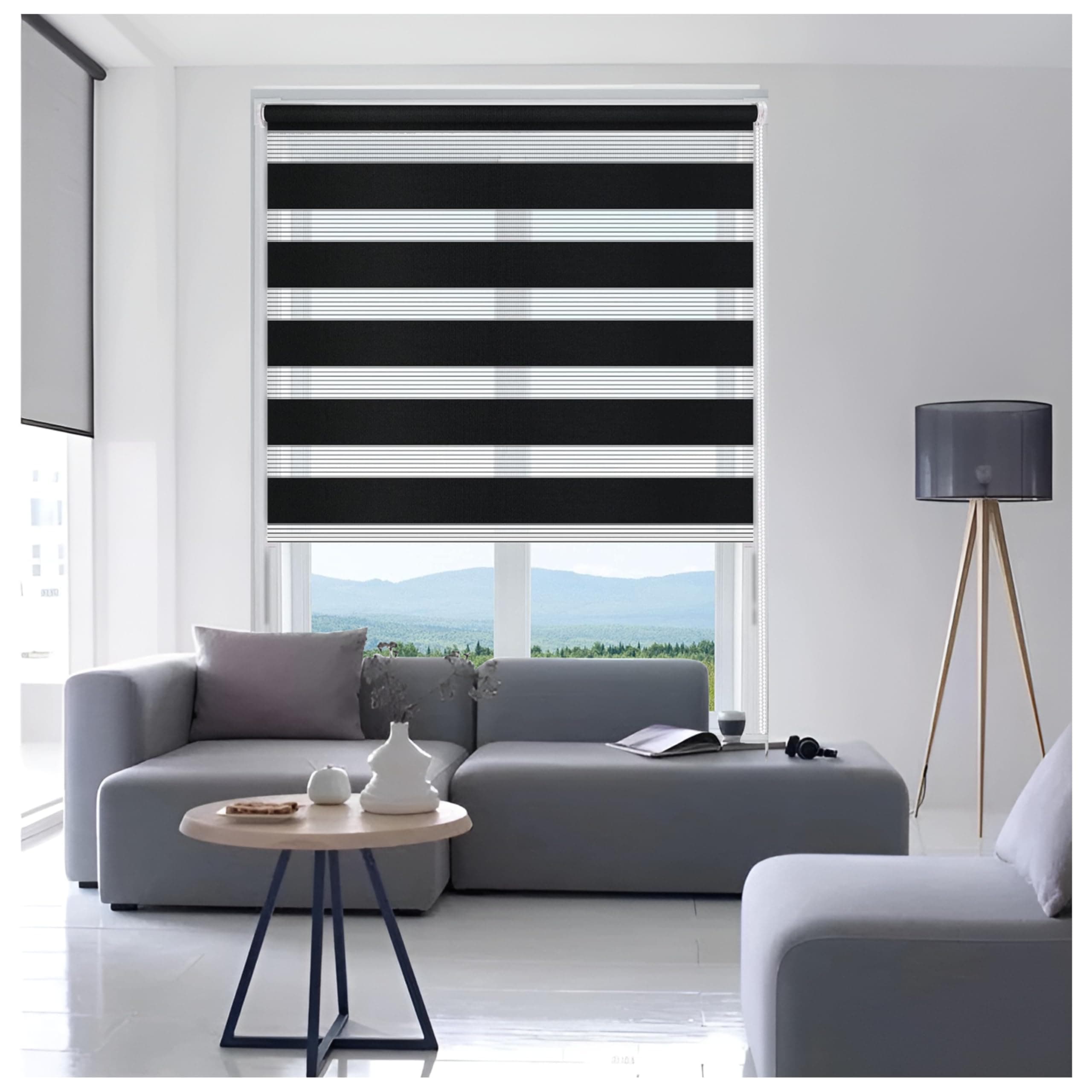 Ruby Deals Zebra Roller Blind Dual Layer Fabric Windows Blinds Window Roller no Drilling/Drilling Black Zebra Blinds Day and Night W 64 x H165cm