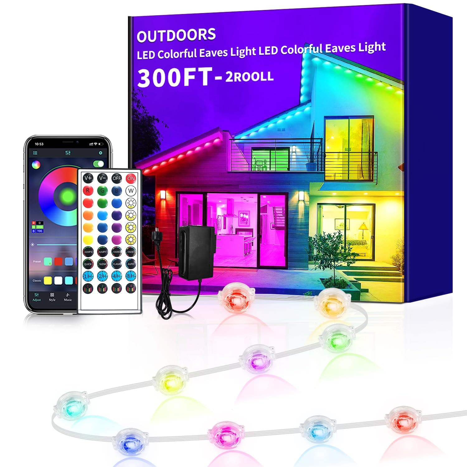 300ft Permanent Outdoor Light,RGB Eaves Lights with App Control Remote,DIY IP67 Waterproof Under Eave Lighting,Outside led Lights for House,Party,Christmas Decorations(2 Rolls 150FT)