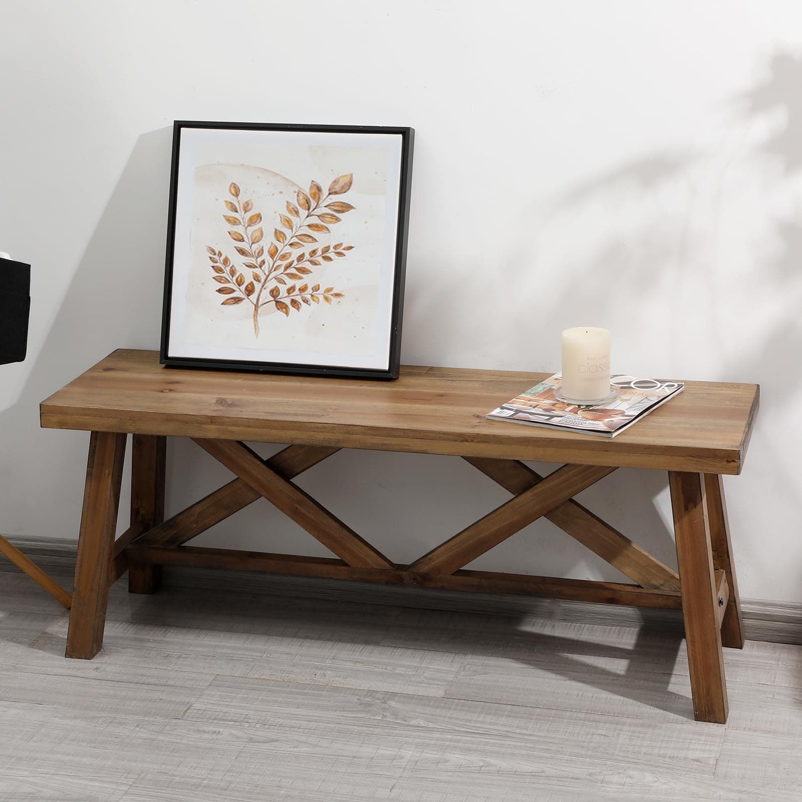 Wnutrees 43" Farmhouse Wood Bench, Rustic Solid Wood Entryway Bench Seat with Double X-Structure for Dining Room, Living Room, Hallway, Structural Stability, Natural