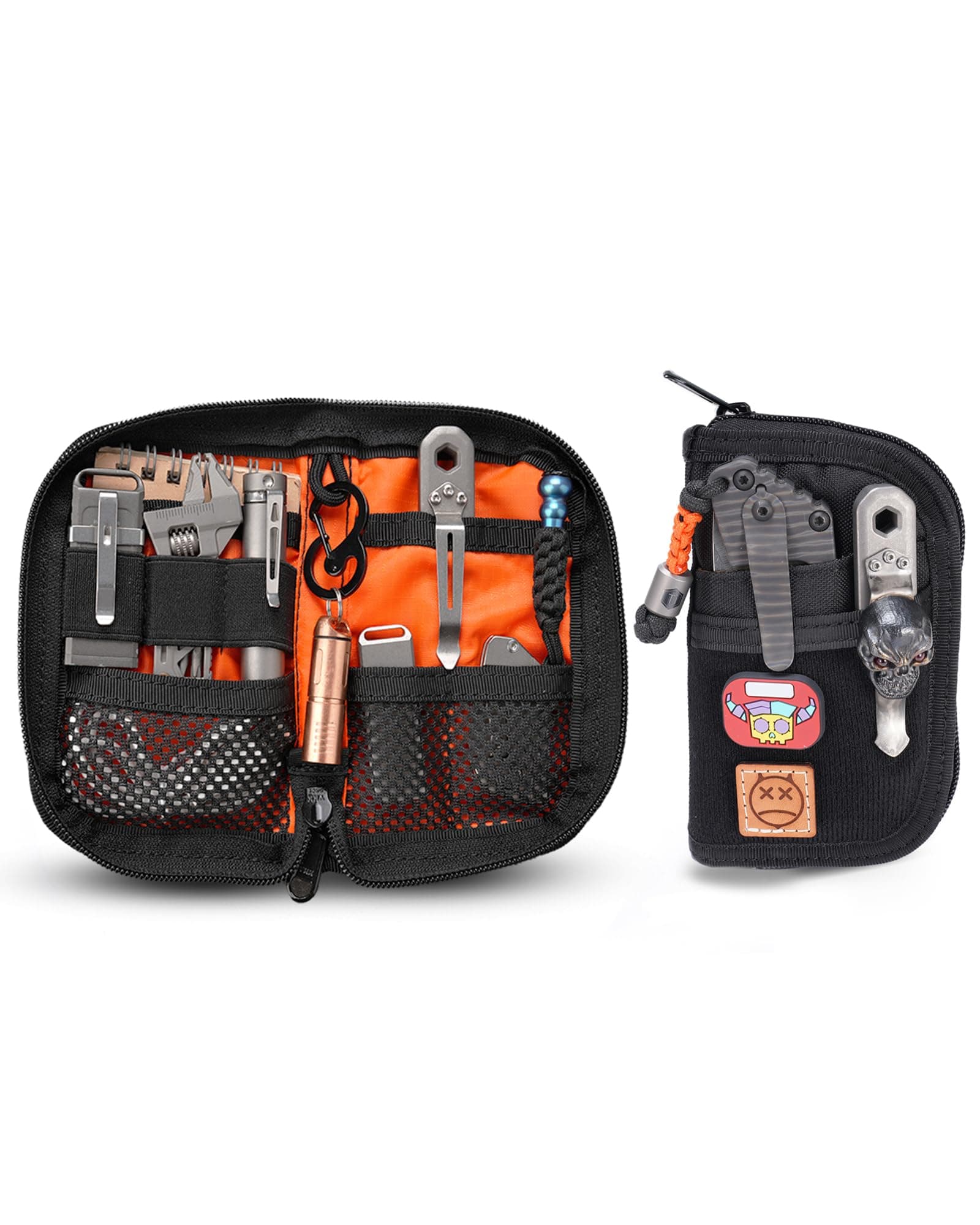 VE10 EDC Pouch Small Pocket Tool Pouch with 10 Compartments, Men's Pocket Organizer for Multitools, EDC Organizer with Patches Area for DIY (Black)