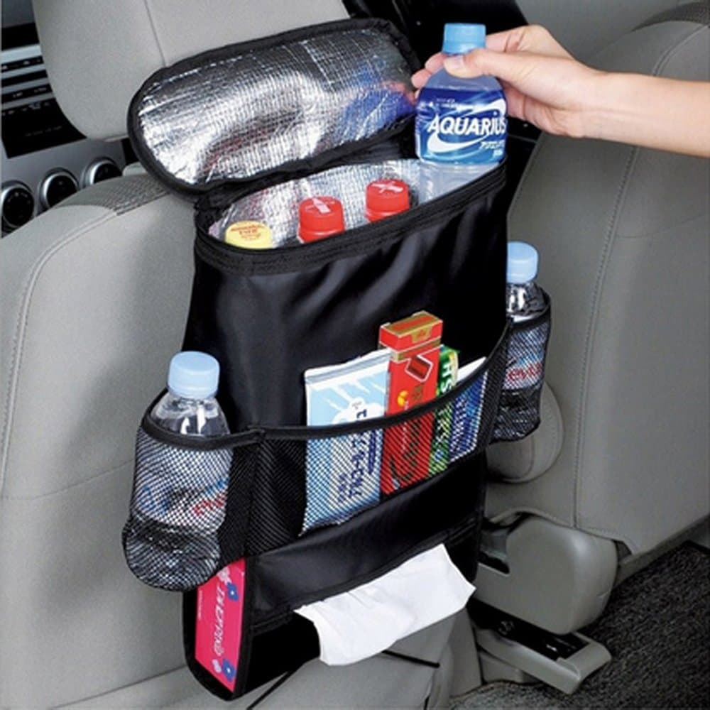 Car Seat Back Organizer, Auto Back Seat Hanging Insulation Multi- Pocket Travel Storage Cooler Bag Heat-Preservation Insulated Wrap Bottle Bag with Mesh Pockets