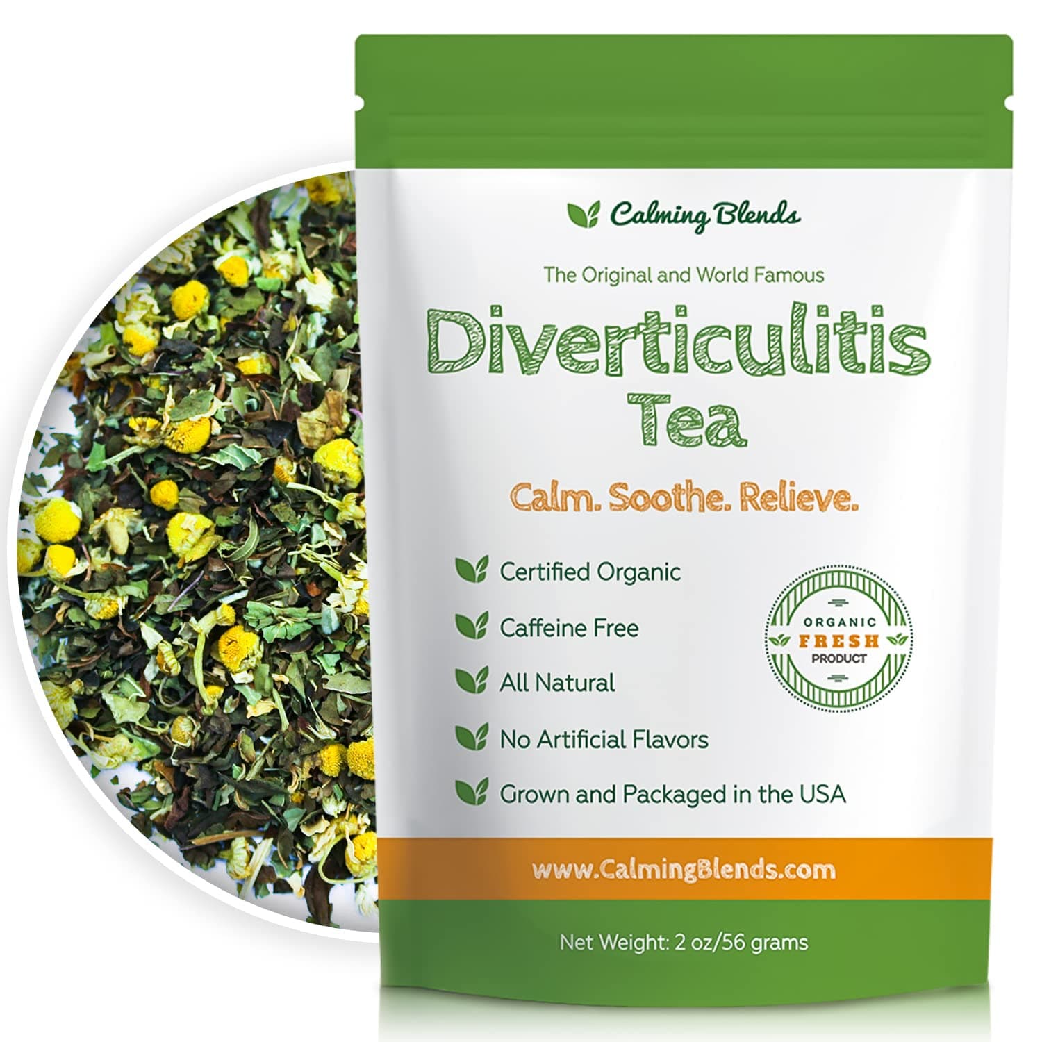 CALMING BLENDS Calming Blends Diverticulitis Tea,Organic Loose Leaf Tea, Caffeine Free,36 Cups,Made In USA
