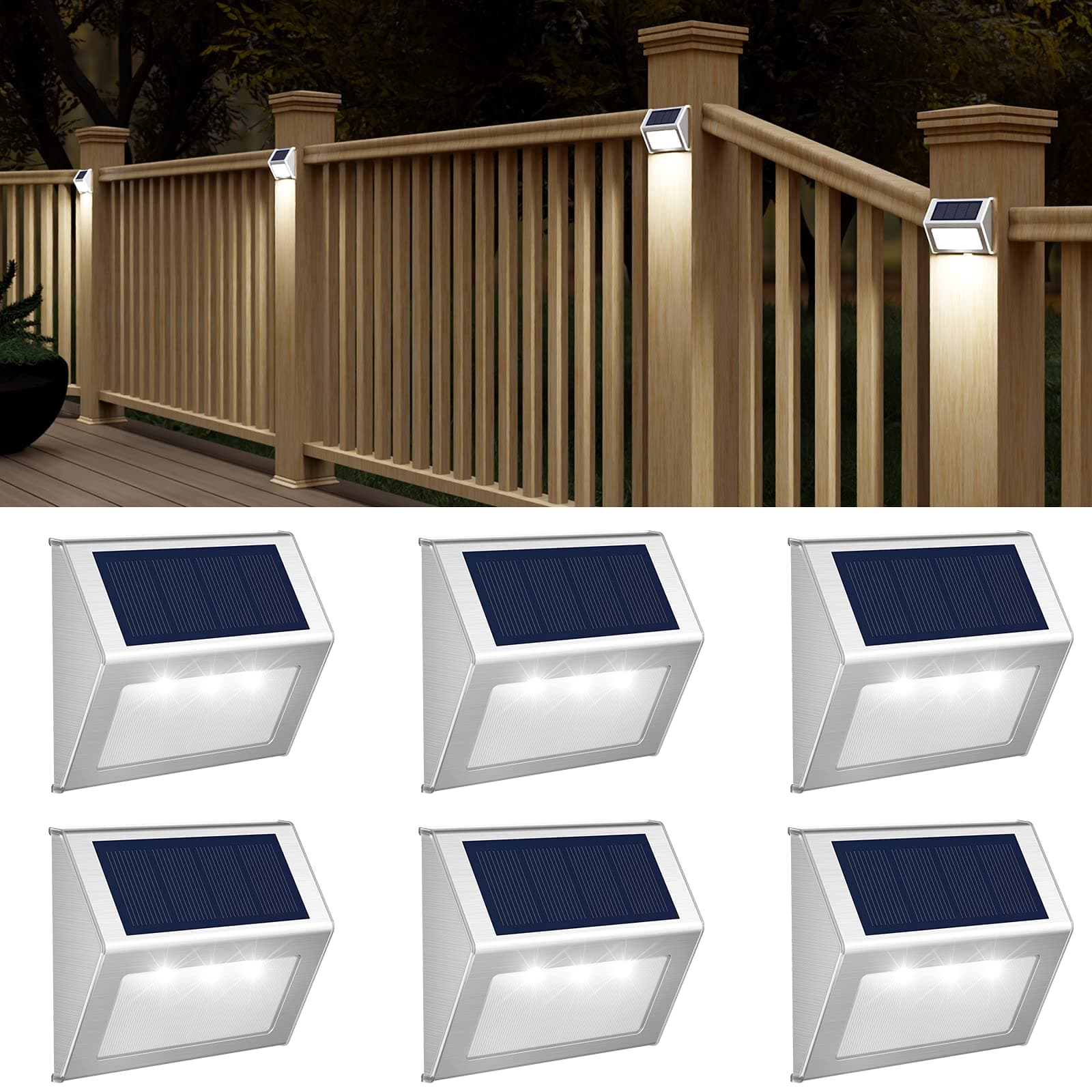 JSOT Outdoor Solar Lights - Solar Powered Deck Lights Waterproof Light for Fence Post Light Outside for Backyard Patio Stair Wall Lighting, 3LED Cool Light 6 Pack