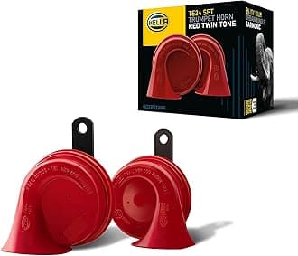 HELLA 3FH 007 424-811 Trumpet Horn - TE16 - 12V - 110dB(A) - Frequency Range: 400/500Hz - Electric - Housing Colour: Red/Black - Flat Plug-in Connector - Set - Quantity: 2