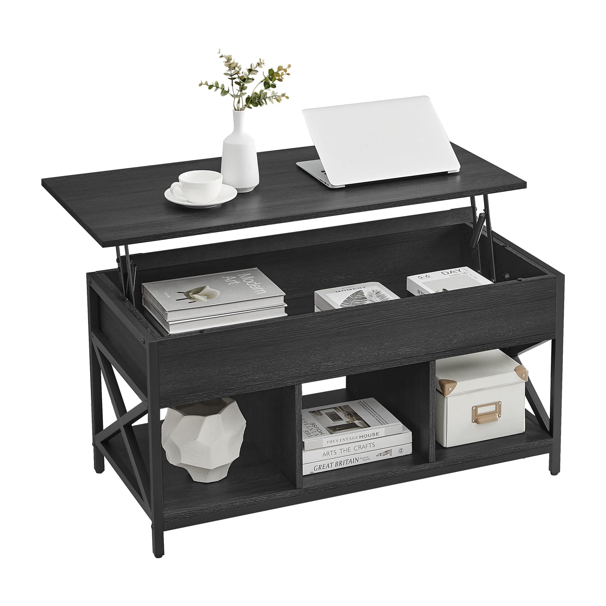 VASAGLE Lift Top Coffee Table, Lift Coffee Table with Storage Shelf, Hidden Compartments and Lifting Top, for Living Room, Office, 19.7 x 39.4 x (19.3-24.4) Inches, Black with Wood Grain ULCT202B22