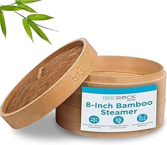 BirdRock Home 8 Inch Bamboo Steamer for Cooking Vegetables and Dumplings - Classic Traditional 2 Tier Design - Healthy Food Prep - Great for Dim Sum, Chicken, Fish, Veggies - Steam Basket - Natural