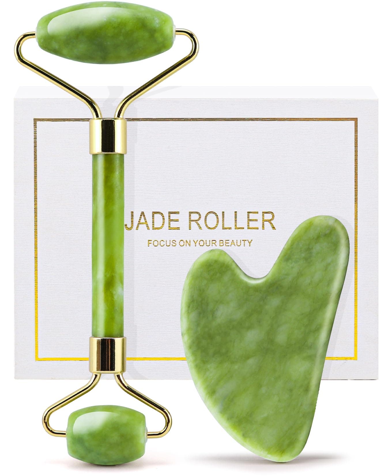 Genuine Jade Roller & Gua Sha Set for Face, Cooling & Firming Effect, Sculpting Tool for Jawline & Skin Care, Self-Care Gifts for Women & Men